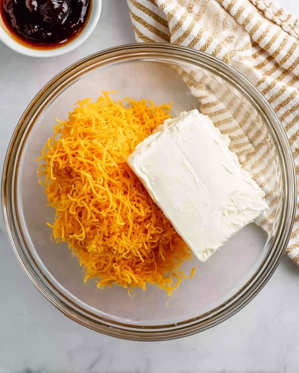 A clear glass bowl sits on a white marbled surface, holding two main layers: on the left side, shredded bright orange cheddar cheese, and on the right side, a large block of white cream cheese. In the top left corner, part of a small white bowl with a dark brown sauce is visible. A striped white and beige towel is placed behind the glass bowl. photo taken with an iphone --ar 4:5 --v 7