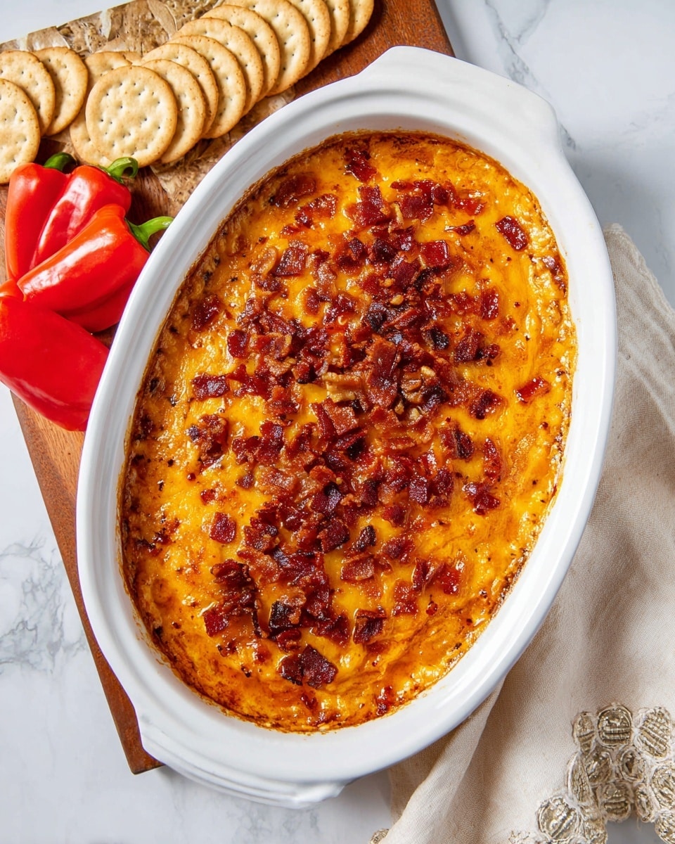 The dish is in a white, oval, shallow baking dish placed on a white marbled surface. It has a single thick layer of melted bright orange cheese spread evenly, covered with a scattered layer of small, crispy, dark reddish-brown bacon bits. The edges of the cheese layer are slightly browned and bubbly, giving it a textured crust. Visible in the frame are neatly arranged round beige crackers on a wooden board to the top left, two bright red mini bell peppers beside the crackers, and a light cream-colored embroidered cloth draped to the right side. The scene looks clean and well-lit, capturing the warm, appetizing color contrasts of the dish. photo taken with an iphone --ar 4:5 --v 7