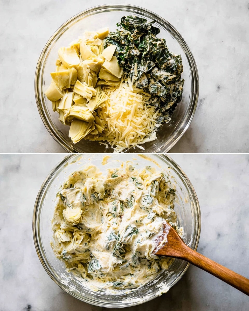 Two clear glass bowls on a white marbled surface are shown side by side. The left bowl has four main layers: in the bottom left quadrant, pale yellow chopped artichoke pieces; in the top left quadrant, chopped artichoke hearts mixed with light cream; in the top right quadrant, a pile of chopped dark green leafy spinach; and in the bottom right quadrant, shredded pale yellow parmesan cheese. A wooden spoon handle rests on the left side of the bowl. The right bowl shows the same mixture after stirring, forming a thick, creamy mixture with light creamy white color speckled with green spinach bits and chunks of artichoke, with the wooden spoon partially covered in the creamy mixture. Photo taken with an iphone --ar 4:5 --v 7
