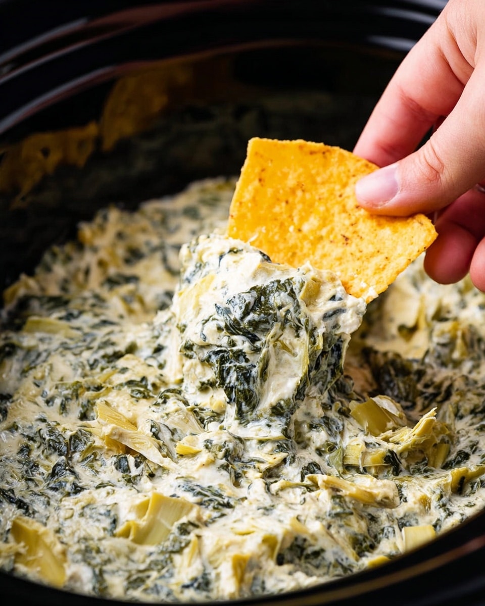 A close-up view of a creamy spinach and artichoke dip inside a black slow cooker. The dip shows two main colors: a thick white and creamy base with soft green spinach leaves and chunks of pale yellow artichoke mixed throughout. A woman’s hand is dipping a square yellow tortilla chip into the mix, lifting some of the thick dip. The texture of the dip looks smooth and creamy with some leafy bits visible. The background is not visible, focusing fully on the dip and the hand. Photo taken with an iphone --ar 4:5 --v 7