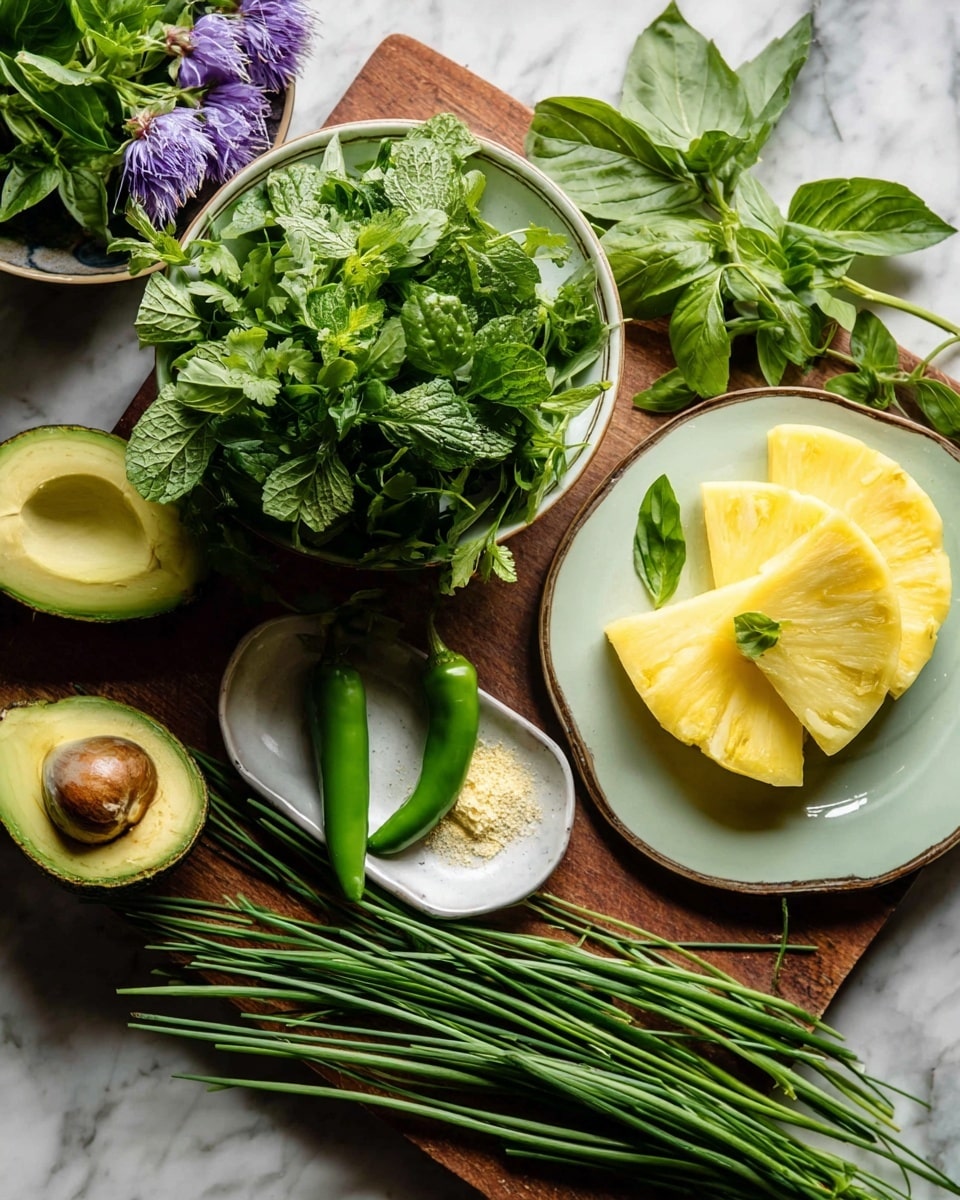 The image shows a collection of fresh ingredients arranged on a wooden board over a white marbled surface. In the center, there is a white bowl full of green leafy herbs like cilantro and basil, with well-defined textures and vivid green colors. To the right, a white plate holds three thick slices of bright yellow pineapple, garnished with a small green leaf. Below the plate, another small white dish has two fresh green chili peppers resting on a small pile of beige powder. Long green chives lay across the wooden board, some spilling out from under the bowl. At the bottom left, a halved avocado with a visible seed and creamy green flesh is placed next to loose basil leaves and purple edible flowers in a small bowl in the background. photo taken with an iphone --ar 4:5 --v 7