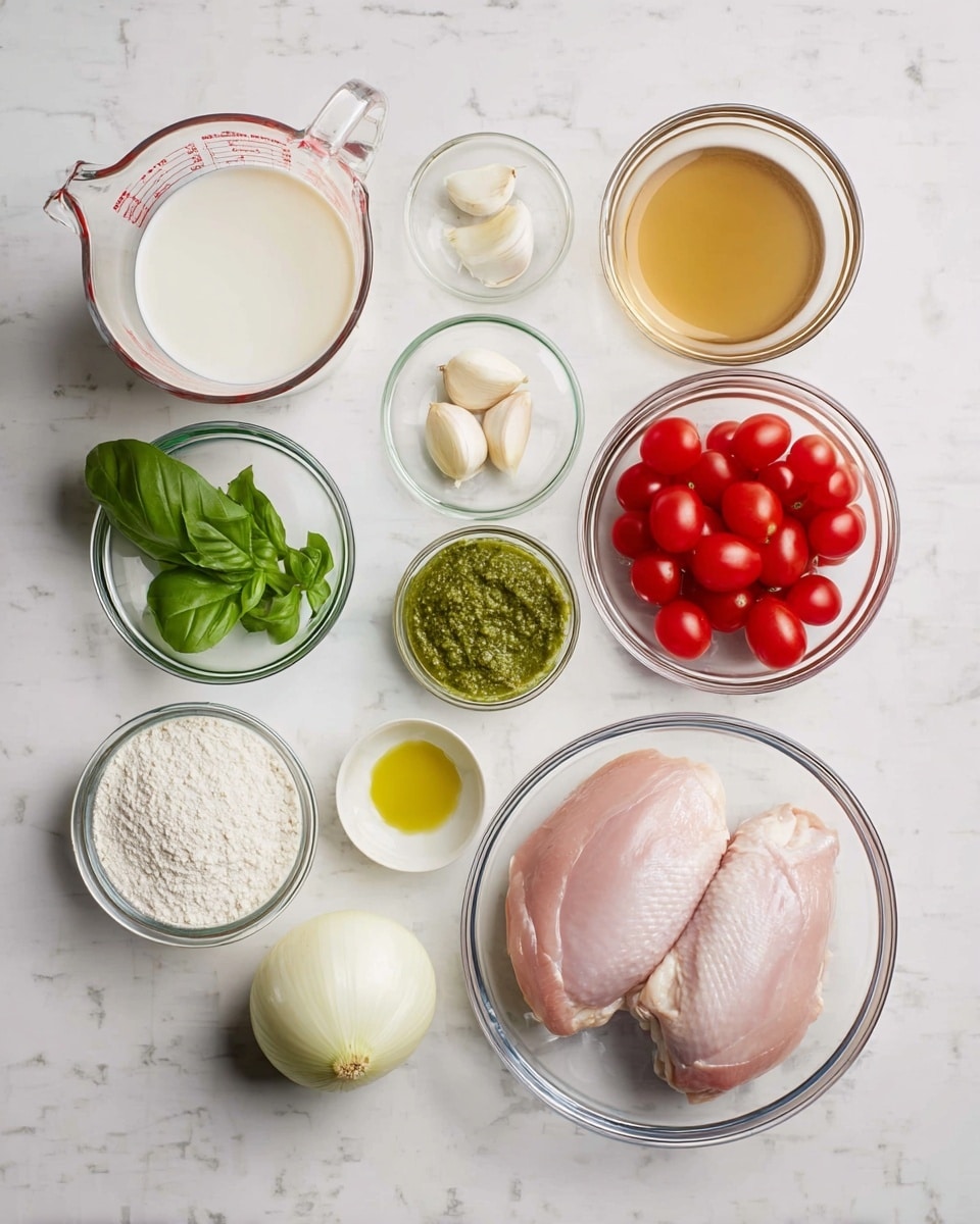 The image shows several ingredients placed on a white marbled surface. There are two raw chicken pieces in a clear glass bowl on the right side. Surrounding them, from top left to bottom right, are a glass measuring cup with milk, a small glass bowl with three garlic cloves, a small glass bowl with fresh basil leaves, a larger glass measuring cup with light brown broth, a small glass bowl with yellow oil, a small glass bowl with green pesto sauce, a white whole onion, a small glass bowl with white powder (likely flour), and a small glass bowl filled with red cherry tomatoes. All the containers are clear glass, and the colors include pink raw chicken, green basil and pesto, white onion and powder, red tomatoes, and the light beige broth and yellow oil. Photo taken with an iphone --ar 4:5 --v 7