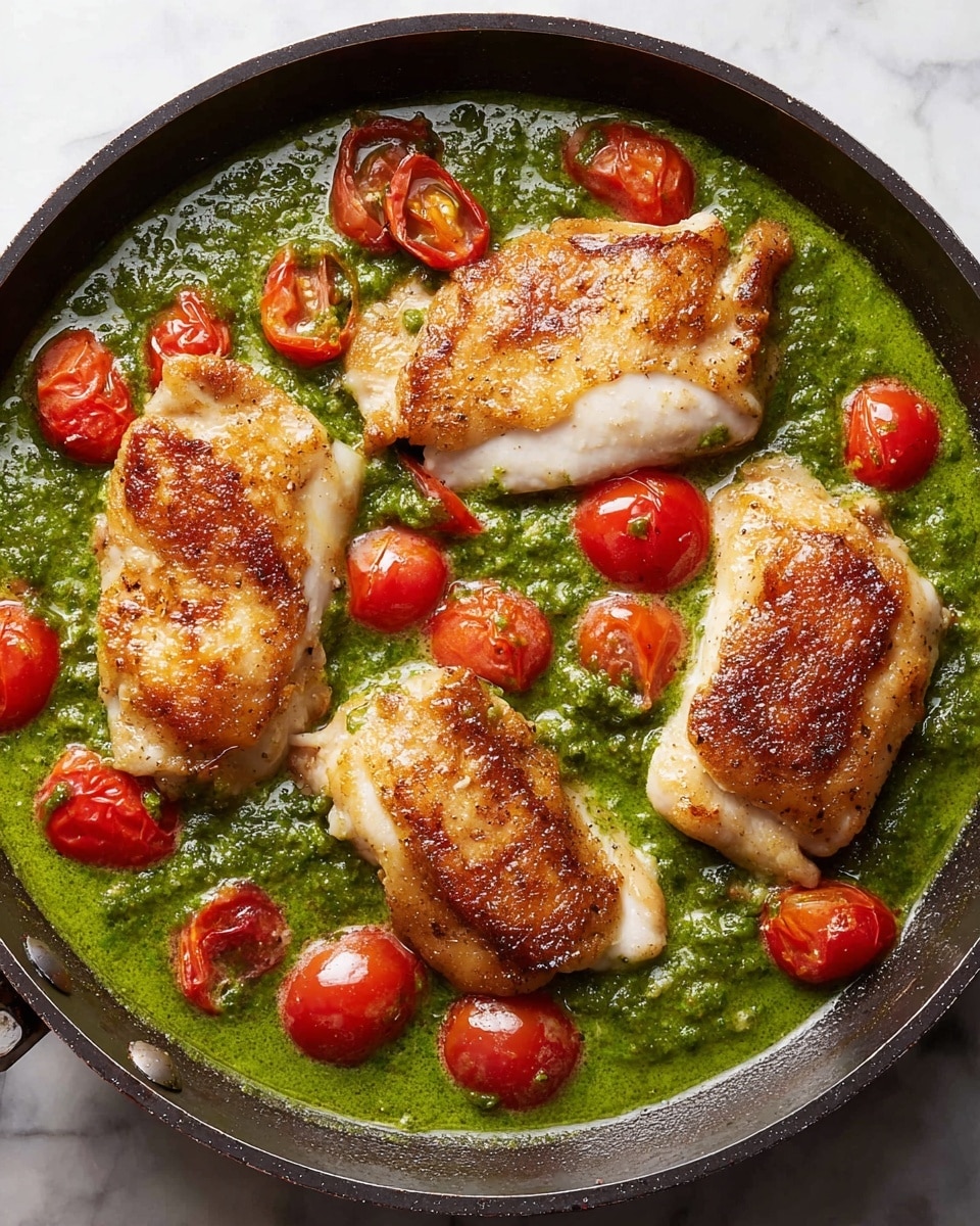 A black pan filled with a green sauce covers the base, the sauce looks smooth with a slightly chunky texture. Four pieces of cooked light golden-brown chicken lay on top, each showing a crispy, slightly browned surface with a soft white interior. Scattered throughout the green sauce are many small, bright red cherry tomatoes, some whole and some slightly wrinkled from cooking. The pan sits on a white marbled surface. photo taken with an iphone --ar 4:5 --v 7