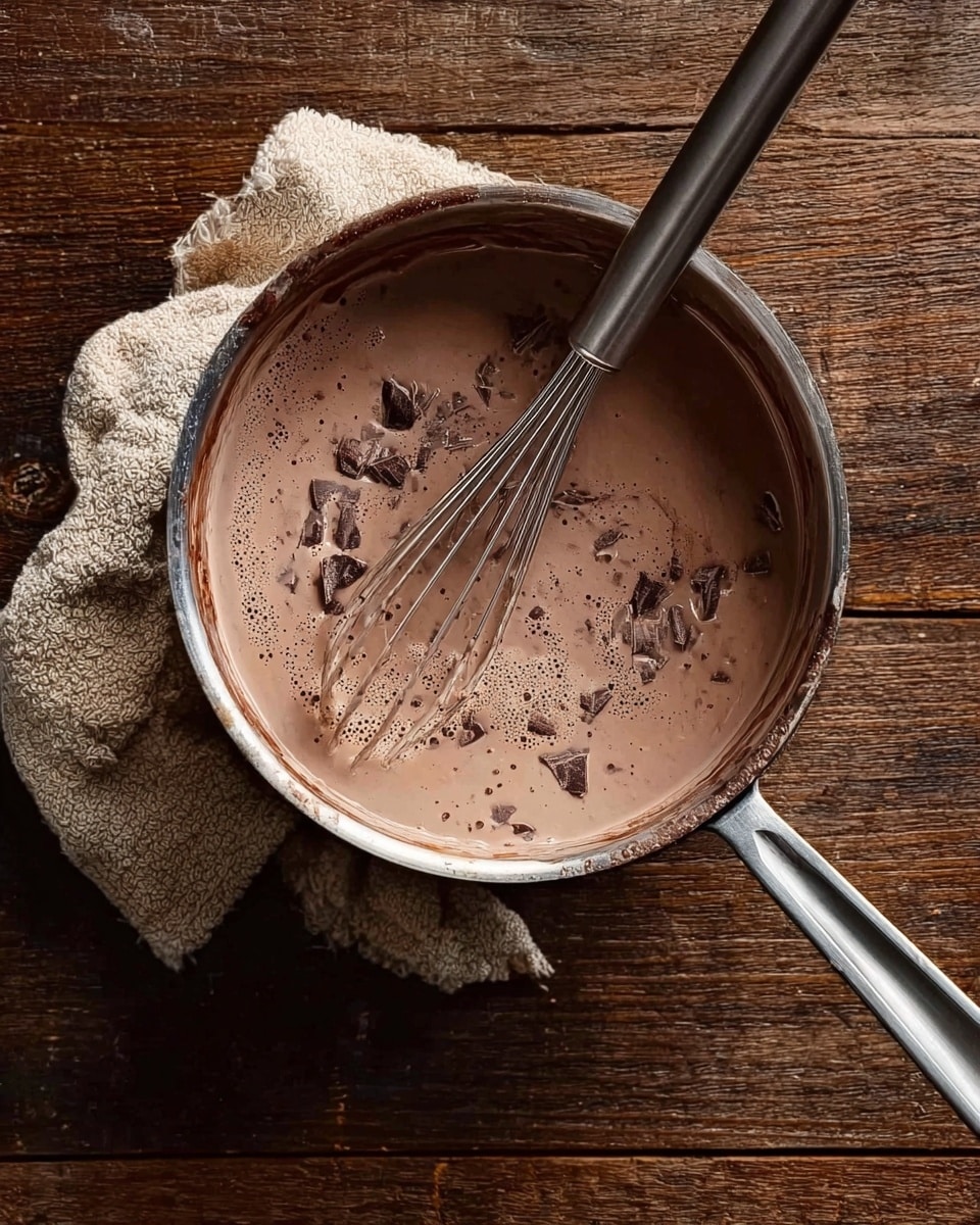 A metal saucepan on a wooden surface holds a creamy chocolate mixture being stirred with a metal whisk. The chocolate mixture is smooth with some small darker chocolate chunks melting inside. A beige cloth is partly visible under the saucepan. photo taken with an iphone --ar 4:5 --v 7