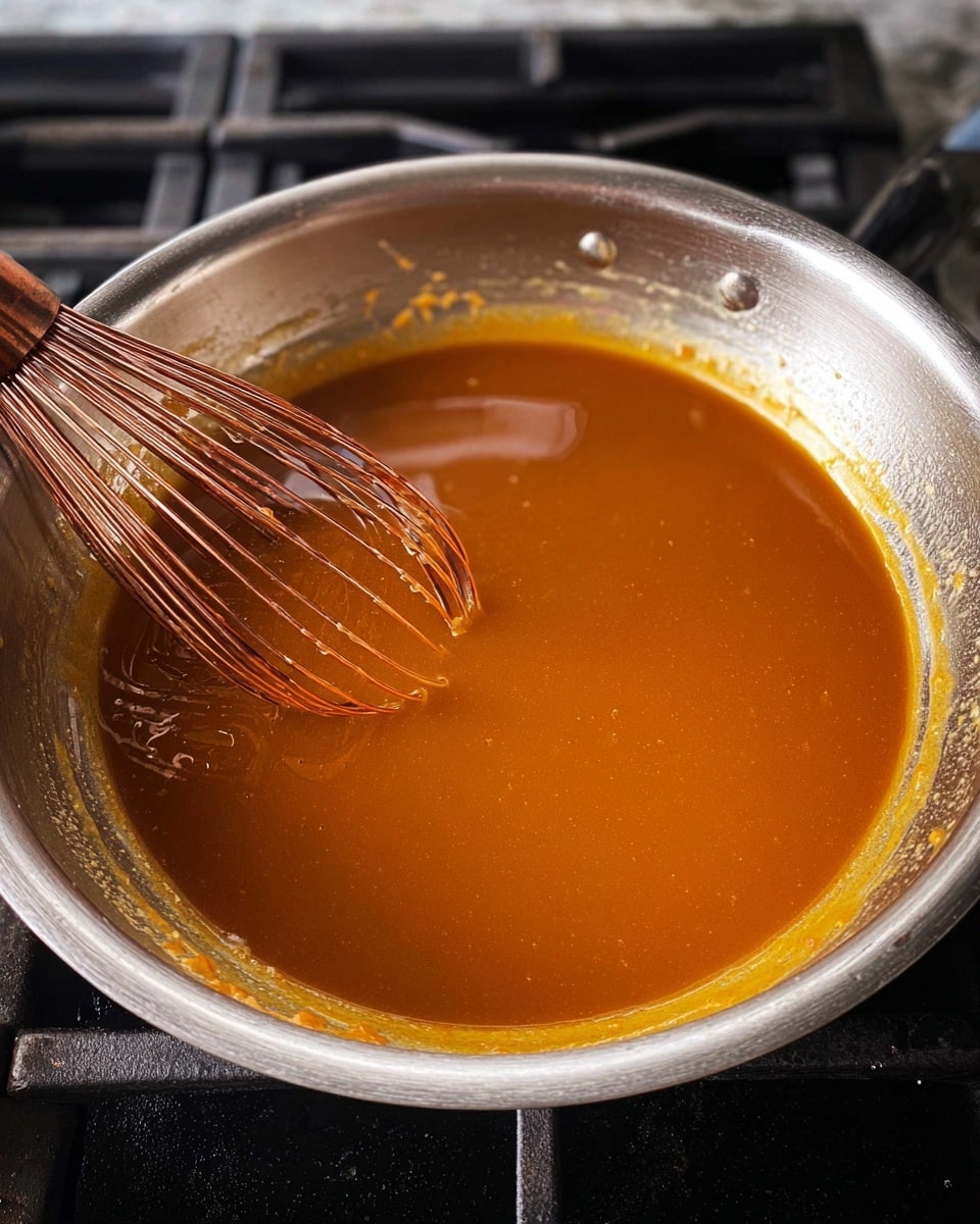 A close-up top view of a shiny metal pan on a stove, filled with a thick, smooth, amber-orange sauce that has a glossy surface. A metal whisk with a copper handle rests inside the pan on the left side, partially covered by the sauce. The pan has some sauce splatters on its inner edges, and the stove beneath the pan is black with a matte finish. The scene is lit well enough to show reflections on the sauce and the pan. photo taken with an iphone --ar 4:5 --v 7