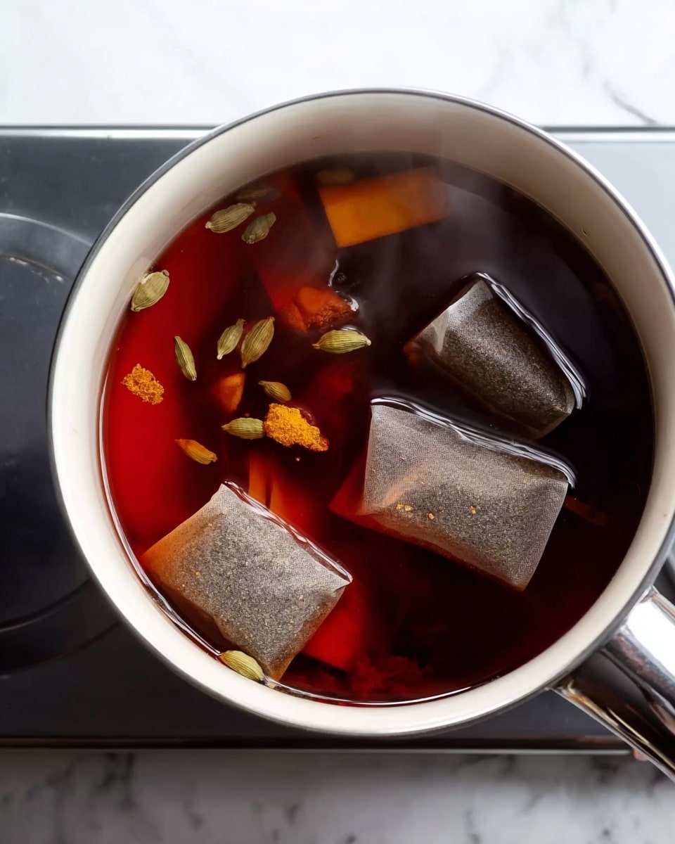 A white pot filled with dark red tea liquid sitting on a stove, containing three brown tea bags partially submerged in the liquid, with scattered green cardamom pods, small orange pieces (possibly dried fruit or spices), and a hint of steam rising from the tea. The pot has a silver handle on the right side, and the scene is set against a white marbled surface. photo taken with an iphone --ar 4:5 --v 7