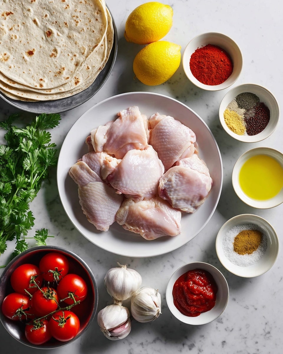 A white plate filled with six raw pale pink chicken thighs sits in the center, surrounded by small white bowls holding various spices and ingredients, including red chili powder, black pepper, salt, tomato paste, minced garlic, oil, and yogurt. To the right of the plate are two bright yellow lemon halves, and at the bottom, two whole garlic bulbs lie next to a small bowl with a reddish spice. On the lower left, a white bowl contains red cherry tomatoes still on the vine, and above that, a silver bowl holds whole yellow lemons. At the top left corner, a stack of folded light brown flatbreads rests on a plate. Fresh green parsley sprigs add a touch of color near the flatbreads and spices. The whole arrangement is set on a white marbled textured surface photo taken with an iphone --ar 4:5 --v 7