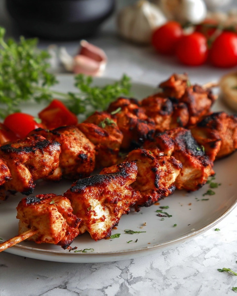 The image shows two wooden skewers with grilled pieces of chicken that are reddish-brown with charred black edges, arranged on a white plate. The chicken pieces look juicy and have a rough texture with some small char marks. Behind the skewers, there are small red tomato pieces and a few fresh green herb sprigs adding color contrast. The background is a white marbled surface with a soft focus showing some garlic and tomatoes on the side. photo taken with an iphone --ar 4:5 --v 7