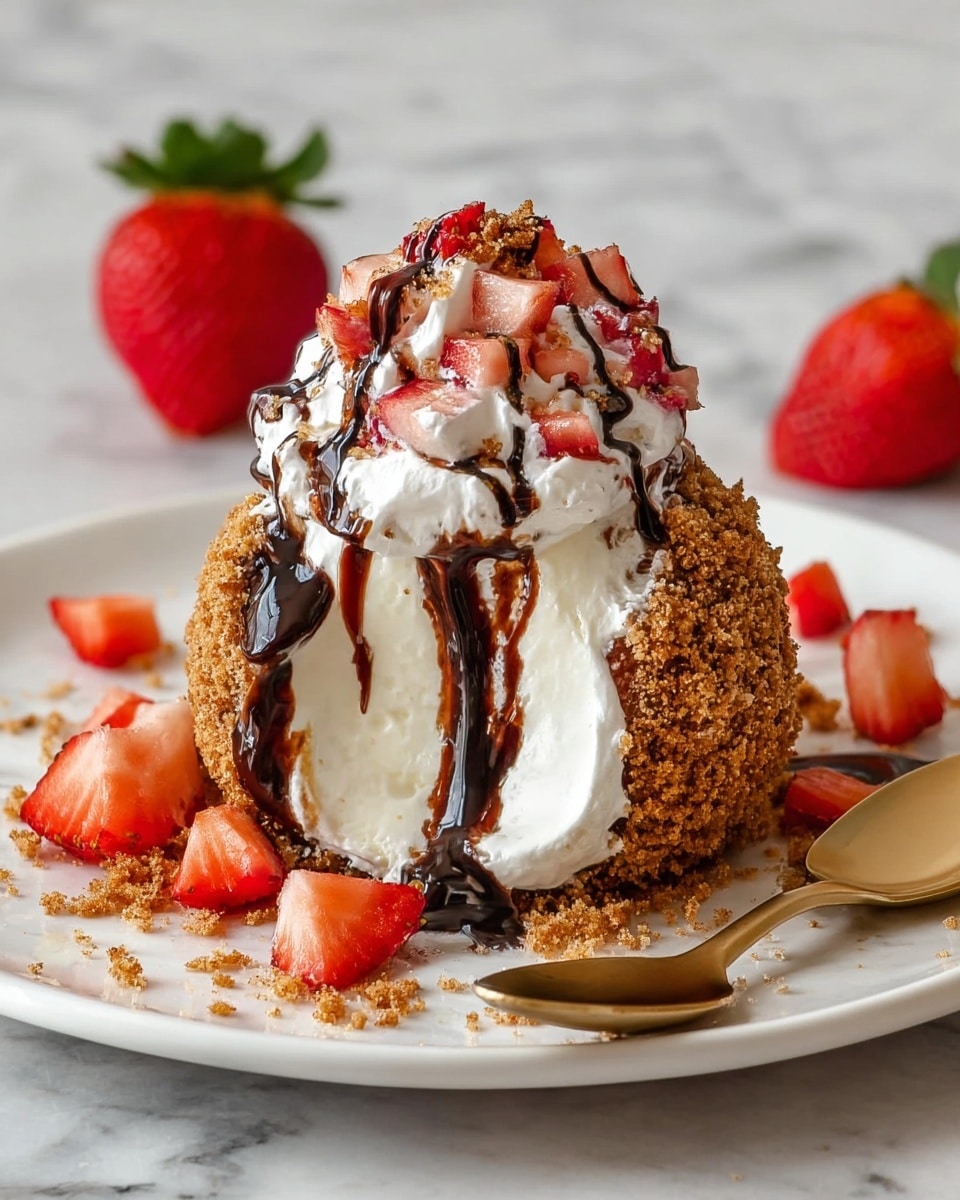 A round vanilla ice cream ball is coated with a crunchy brown crumb layer. On top of the ice cream, there is a thick white whipped cream layer with small pieces of red strawberries mixed in. Dark brown chocolate syrup is drizzled over the whipped cream and strawberries, slightly dripping down the sides. The dessert sits on a white plate with extra crumbs and diced strawberry pieces scattered around. A whole and a sliced strawberry are placed behind the plate. A gold spoon is positioned to the right of the dessert on the white marbled surface. photo taken with an iphone --ar 4:5 --v 7