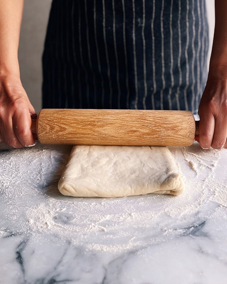 A pair of hands hold a wooden rolling pin, pressing down on a rectangular piece of pale dough that lies flat on a white marbled surface lightly dusted with flour. The dough is evenly rolled out, smooth in texture, with straight edges. The background shows a person wearing a dark pinstriped apron. photo taken with an iphone --ar 4:5 --v 7
