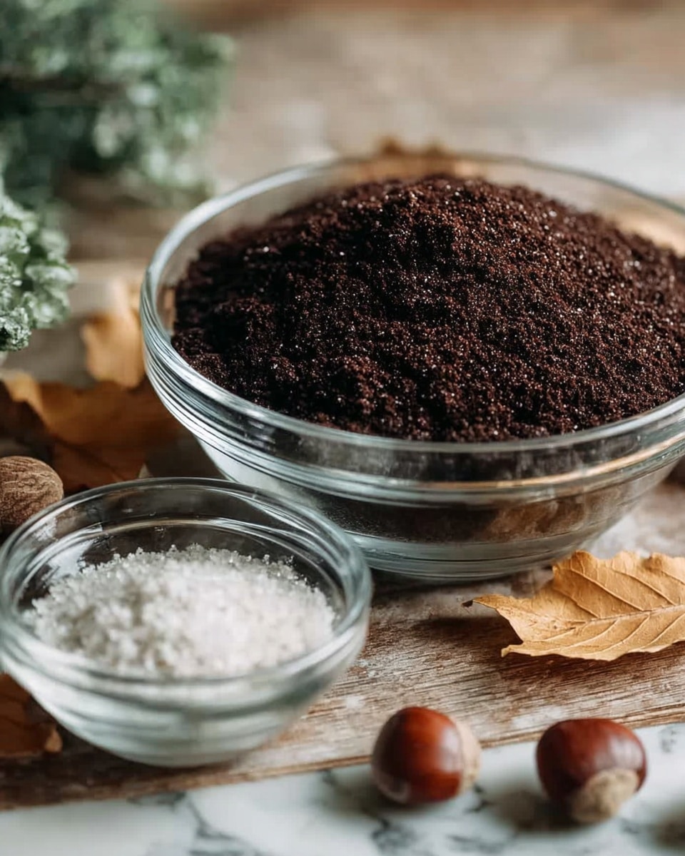 A clear glass bowl filled with finely ground dark brown powder, sitting on a wooden surface with dried leaves and small nuts nearby. Next to it, a smaller clear glass bowl contains white granulated substance. The background has a soft focus, showing a white marbled texture beneath the bowls. Photo taken with an iphone --ar 4:5 --v 7