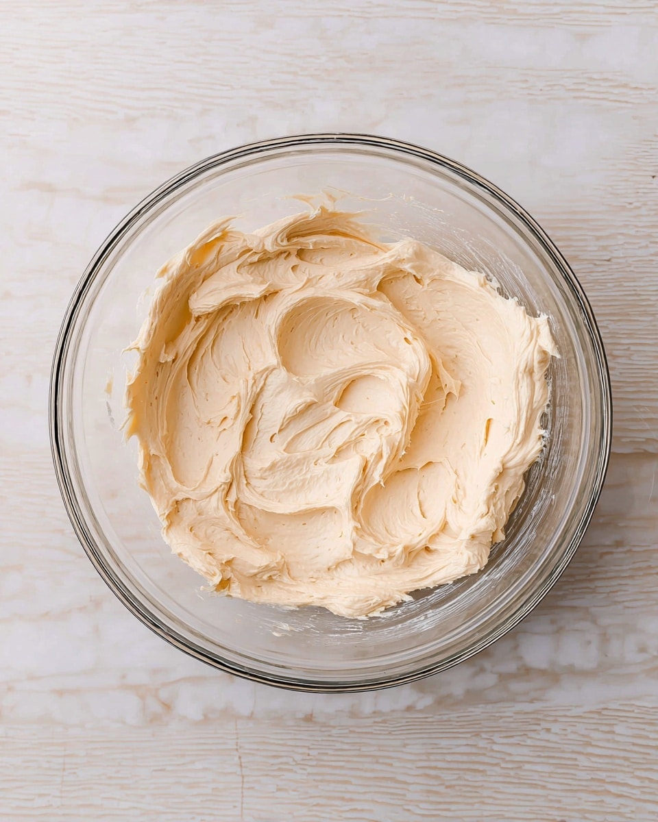 A clear glass bowl sits on a white marbled surface, filled with a single layer of smooth, creamy light beige frosting. The frosting has a soft, thick texture with some swirls and peaks visible on the surface, showing it has been mixed and spread gently in the bowl. The bowl is round and transparent, allowing the frosting’s texture and cream color to be clearly seen through the sides. Photo taken with an iphone --ar 4:5 --v 7