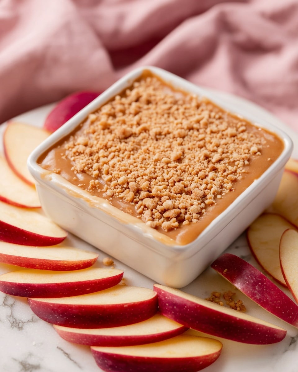 A white square bowl filled with three visible layers: the bottom layer is pale and creamy, the middle layer is a smooth brown caramel-like topping, and the top layer is a crunchy textured light brown nut or toffee bits spread evenly. Surrounding the bowl are neatly arranged deep red and pale yellow apple slices, all placed on a white marbled surface with a soft pink cloth partially visible in the background. Photo taken with an iphone --ar 4:5 --v 7