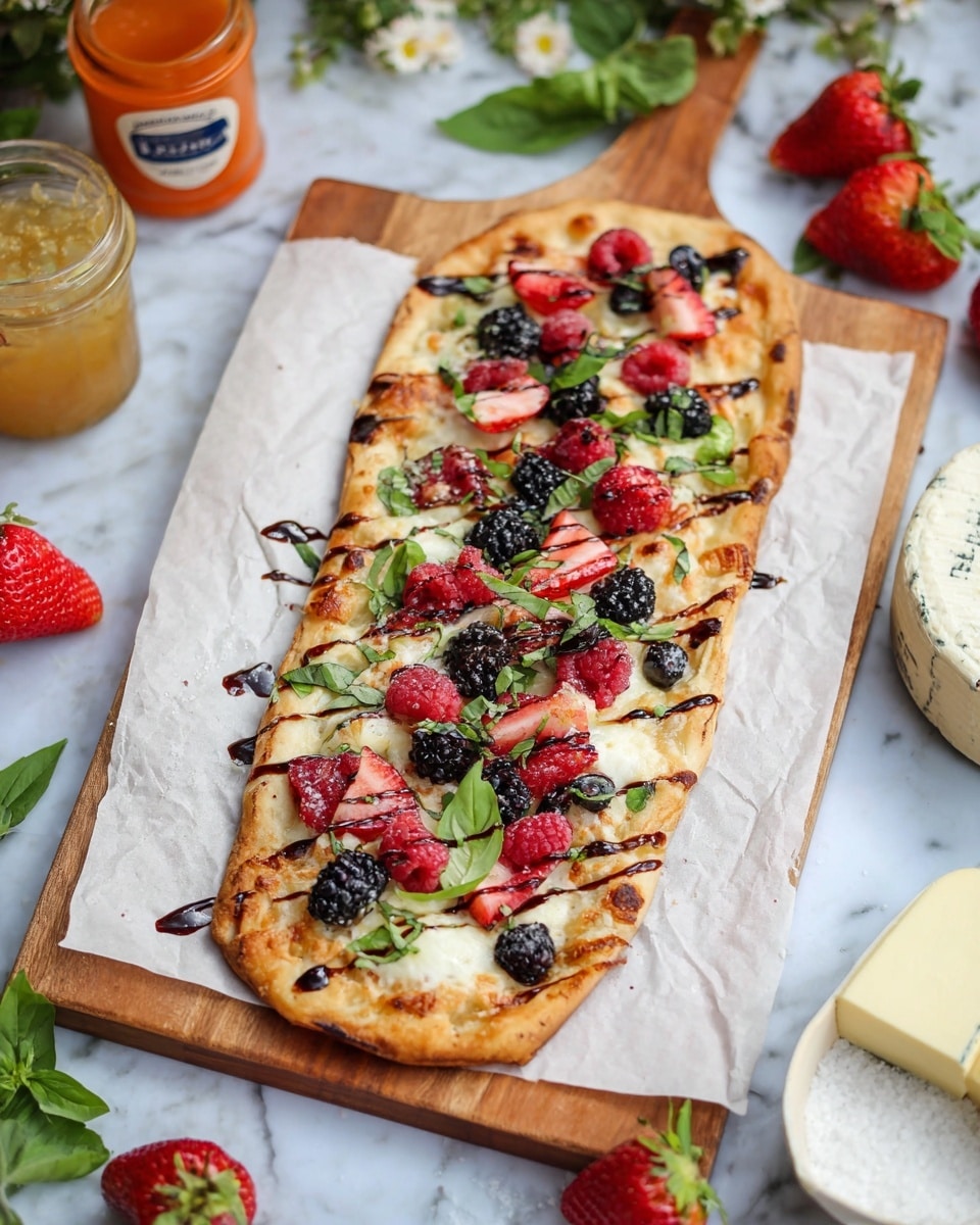 A long, thin flatbread pizza with three main layers is shown on a piece of white parchment paper atop a wooden board. The bottom layer is a golden brown crispy crust. The middle layer is melted white cheese, spread unevenly, creating soft, creamy pockets. The top layer consists of fresh mixed berries—red strawberries, raspberries, and blackberries—along with thin green basil slices scattered evenly and drizzles of a dark balsamic glaze providing a glossy contrast. The background features a white marbled surface with scattered strawberries, a jar of orange jam, a round Brie cheese box, and a small white bowl with coarse salt. photo taken with an iphone --ar 4:5 --v 7