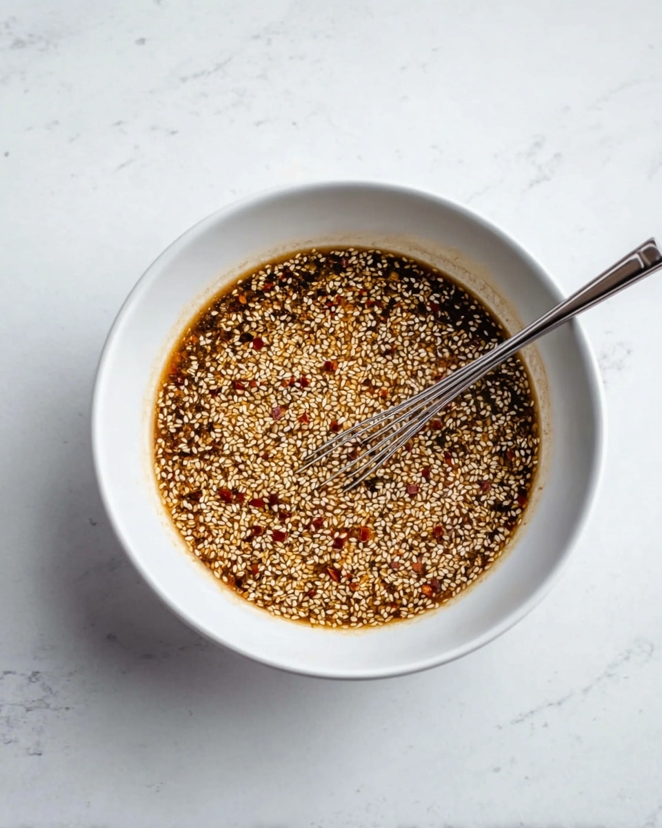A white bowl filled with a brown sauce mixed with many white sesame seeds and small red chili flakes spread evenly throughout. Inside the bowl is a small silver whisk resting partially submerged in the sauce. The bowl sits on a white marbled surface, creating a clean and bright background. Photo taken with an iphone --ar 4:5 --v 7