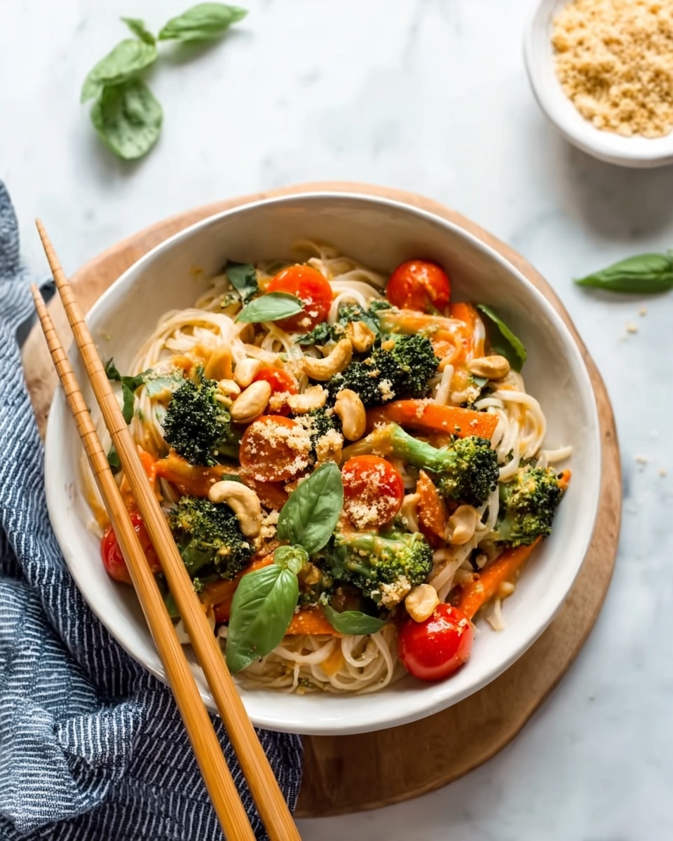 The image shows a round white bowl filled with thick noodles at the bottom, topped with green broccoli, orange carrot slices, and bright red cherry tomatoes. There are small pieces of cashews scattered on top, along with fresh green basil leaves for garnish. The bowl sits on a wooden board over a blue and white striped cloth, with a pair of wooden chopsticks resting diagonally on the bowl’s edge. The background consists of a white marbled surface, with a small white bowl containing a crumbly topping and a few loose basil leaves nearby. Photo taken with an iphone --ar 4:5 --v 7