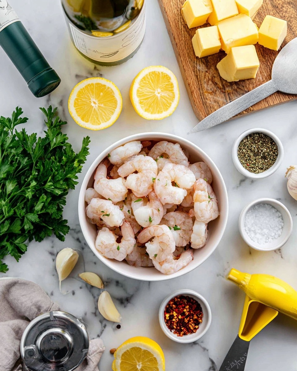 A white bowl filled with cooked shrimp showing a light pink and white color, placed on a white marbled surface. Around the bowl, there are lemon halves with bright yellow color, fresh green parsley leaves, peeled garlic cloves, and small white bowls containing black pepper and red chili flakes. A wooden board holds several yellow cubes and a block of butter with a butter knife on top. A green bottle of white wine with a green cap is in the background. A metal garlic press and a yellow lemon squeezer are also on the surface. photo taken with an iphone --ar 4:5 --v 7