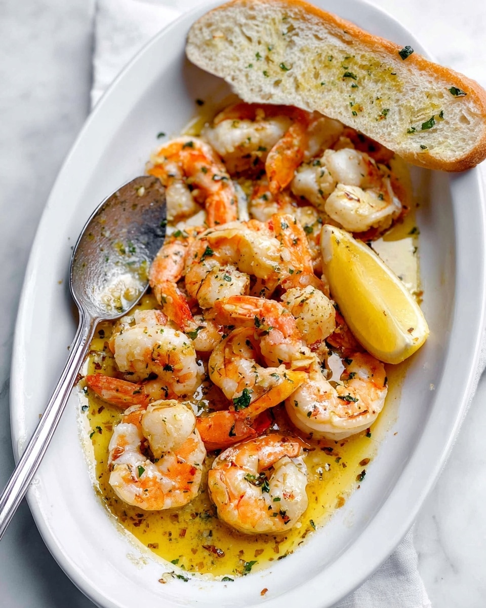 In a shiny white oval dish sits a layer of light orange cooked shrimp with white inner flesh, covered in small green herb bits and a light yellow butter sauce that pools at the bottom. A wedge of bright yellow lemon with a slightly softened texture rests on the shrimp near the right edge. On the left side, there are pieces of soft white bread with a golden crust, drizzled with melted butter that glistens in the light. A large silver spoon filled with shrimp and sauce lies inside the dish, angled toward the bottom left corner. The dish sits on a white marbled surface. Photo taken with an iphone --ar 4:5 --v 7