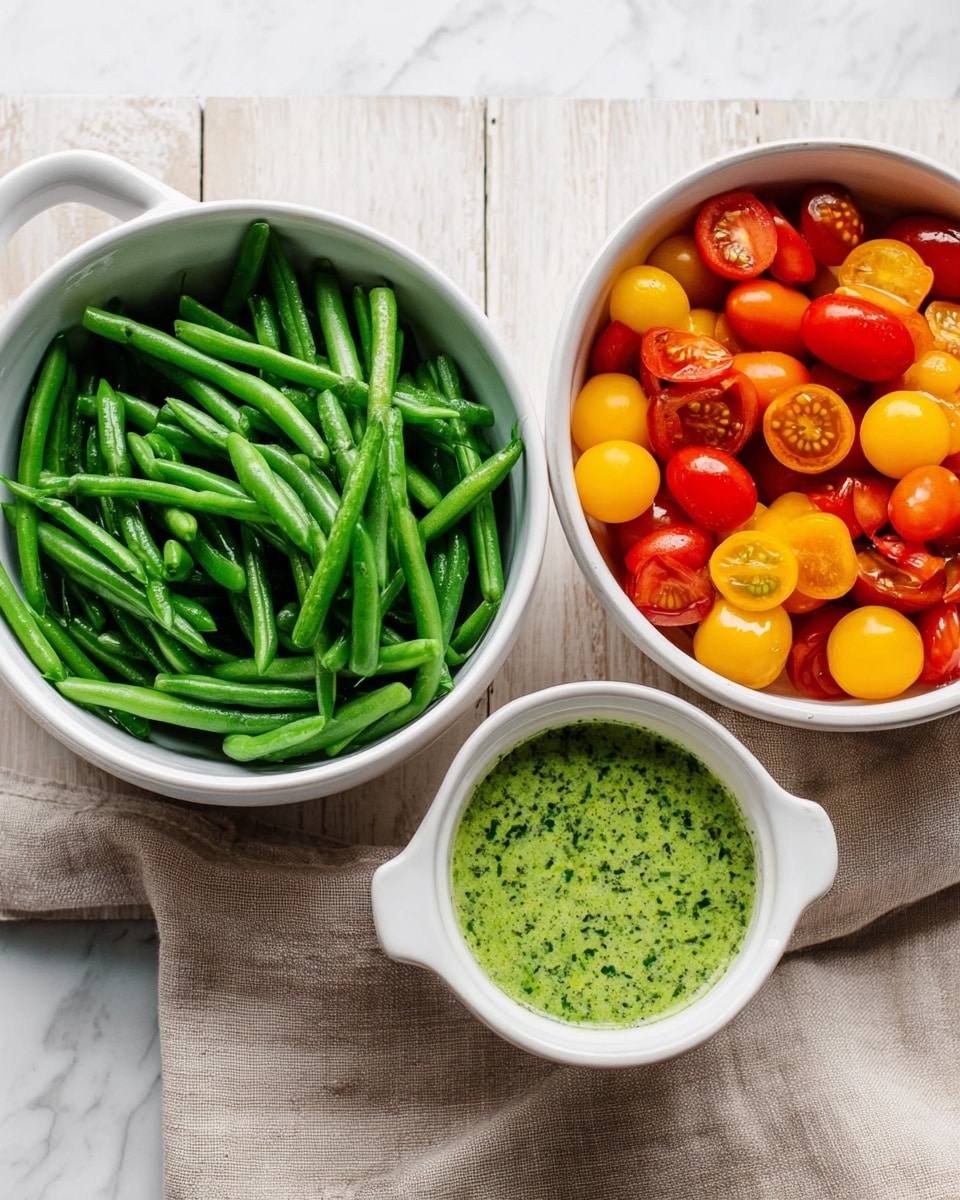 This image shows three white bowls on a white marbled surface with a beige cloth underneath. The bowl on the left is filled with bright green cut green beans, showing a fresh, slightly shiny texture. The bowl on the right contains a mix of halved red and yellow cherry tomatoes, the inside of the tomatoes visible, giving a juicy look. The smaller bowl in front holds a green herb sauce with a creamy texture and visible small herb pieces on the surface. The setup is neat and colorful with a fresh, natural vibe. photo taken with an iphone --ar 4:5 --v 7
