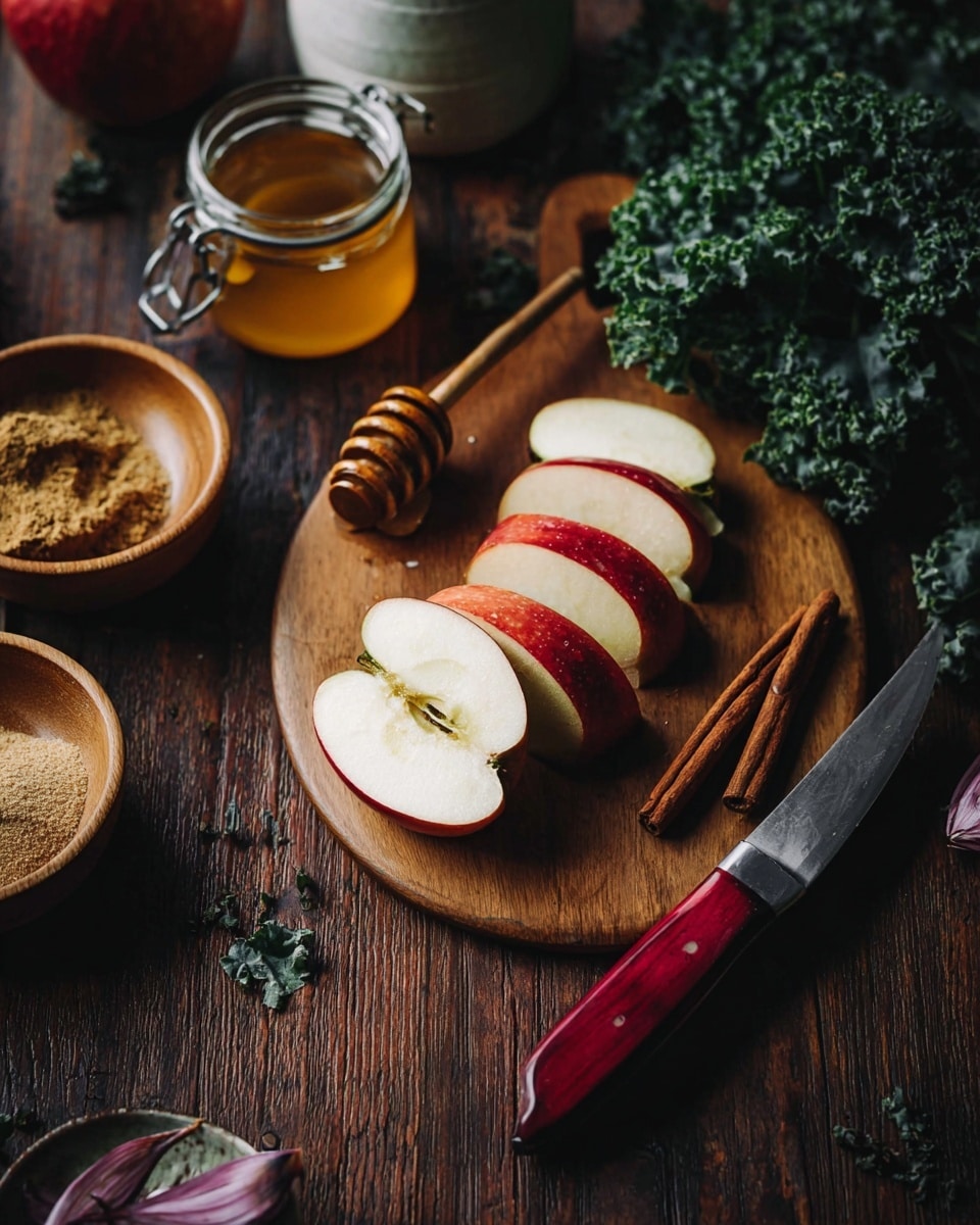 A wooden board holds a half apple sliced in thick pieces arranged in a row with red skin and white flesh visible, alongside two cinnamon sticks and a knife with a red handle placed diagonally. Around the board on a dark wooden surface are wooden bowls containing light brown sugar, mustard, and honey with a honey dipper resting in a white ceramic jar. Some curly kale and shallot cloves are also scattered nearby. The scene is lit softly, highlighting the textures of the apple, wood, and spices. photo taken with an iphone --ar 4:5 --v 7
