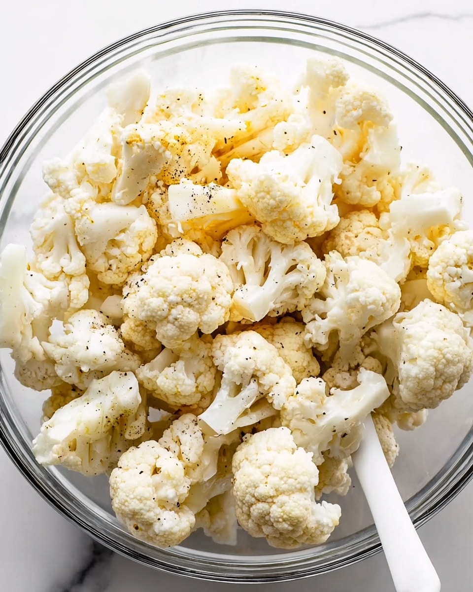 A clear glass bowl filled with many white cauliflower florets, some showing tightly packed, slightly rough curds on top, and small smooth stalks at the bottom. The florets are lightly sprinkled with black pepper and have a light yellowish tint from a dressing or oil that covers them. To the side, inside the bowl, a white spoon with a smooth surface is partially visible, mixing or serving the cauliflower. The background is a white marbled texture. photo taken with an iphone --ar 4:5 --v 7