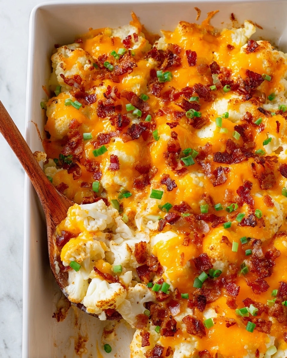 The dish is a baked casserole in a white rectangular dish, showing one layer of white cauliflower pieces mixed with melted bright orange cheddar cheese that covers the top evenly. Small bits of reddish-brown cooked bacon are sprinkled all over the cheese, adding texture. Bright green chopped scallions are scattered on top, providing a fresh color contrast. A wooden spoon is scooping out a portion of the casserole from the bottom left corner, revealing the creamy cauliflower under the cheese layer. The casserole dish is set on a white marbled surface. photo taken with an iphone --ar 4:5 --v 7