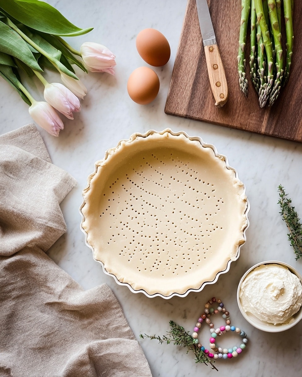 A white round tart pan filled with raw light beige dough pressed into it and small holes made in a zigzag pattern across the surface, placed on a white marbled surface. Nearby, there is a wooden cutting board with six fresh green asparagus spears and a knife with a wooden handle positioned diagonally. Two brown eggs sit beside a white bowl containing a scoop of smooth white cheese. A small bunch of fresh thyme sprigs lies below the tart pan, and two light pink tulips are placed at the upper left corner. A beige cloth with colorful beads is beside the bowl. Photo taken with an iphone --ar 4:5 --v 7