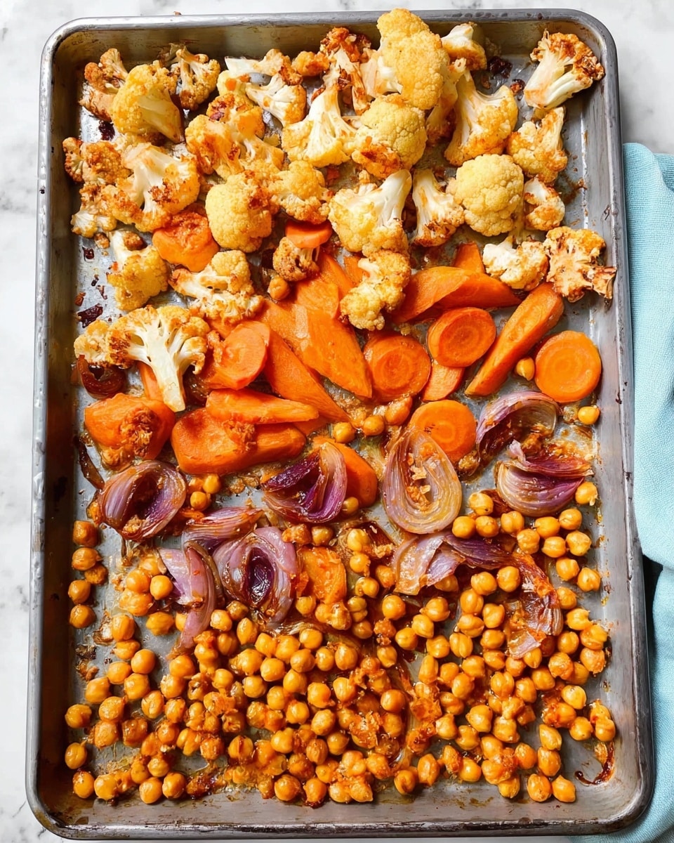 A metal baking tray filled with three layers of roasted vegetables and legumes. The top layer consists of light orange, slightly browned cauliflower florets with a rough texture scattered across the upper two-thirds of the tray. Below and mixed in the middle are smooth, bright orange carrot slices, some long and thick, others in round chunks. The bottom layer has many round, golden-brown roasted chickpeas evenly spread across the tray, with some slices of reddish-purple shallots in circular shapes mixed among them, showing a caramelized glossy texture. The tray is placed on a white marbled surface with a light blue cloth on the right side. Photo taken with an iphone --ar 4:5 --v 7