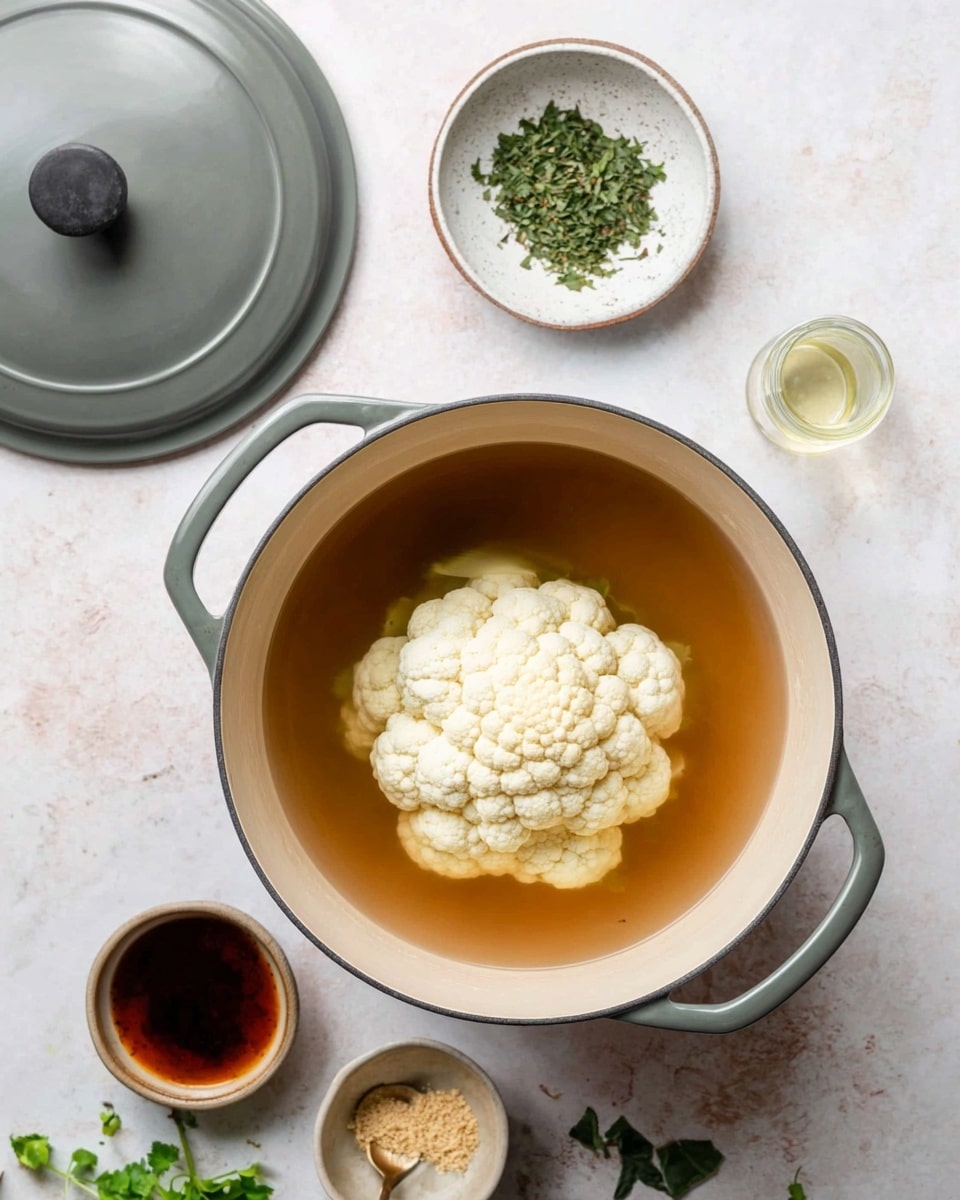 A white round pot filled with light brown broth, holding one whole white cauliflower in the center. The pot has two handles and is placed on a white marbled surface, with its gray lid set nearby. Surrounding the pot are a small white bowl with dried green herbs, a small light-colored bowl with chopped green herbs and beige powder, a small bowl of dark brown sauce with a spoon inside, scattered green vegetable leaves, and a small jar of light liquid. Photo taken with an iphone --ar 4:5 --v 7