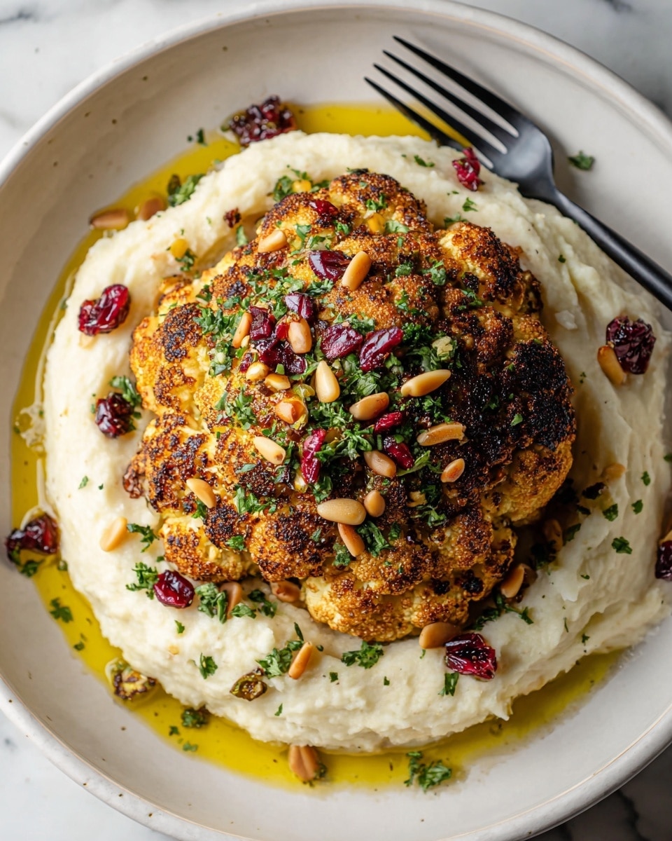 A whole roasted cauliflower with a golden-brown and slightly charred texture sits in the center on a thick layer of creamy white mashed potatoes spread in a circular shape on a white plate. The cauliflower is topped with chopped green herbs, scattered pine nuts, and red dried berries that add a pop of color. A drizzle of yellow olive oil pools between the mashed potatoes and the cauliflower. A black fork is placed on the top right side of the plate, and the plate rests on a white marbled surface. Photo taken with an iphone --ar 4:5 --v 7