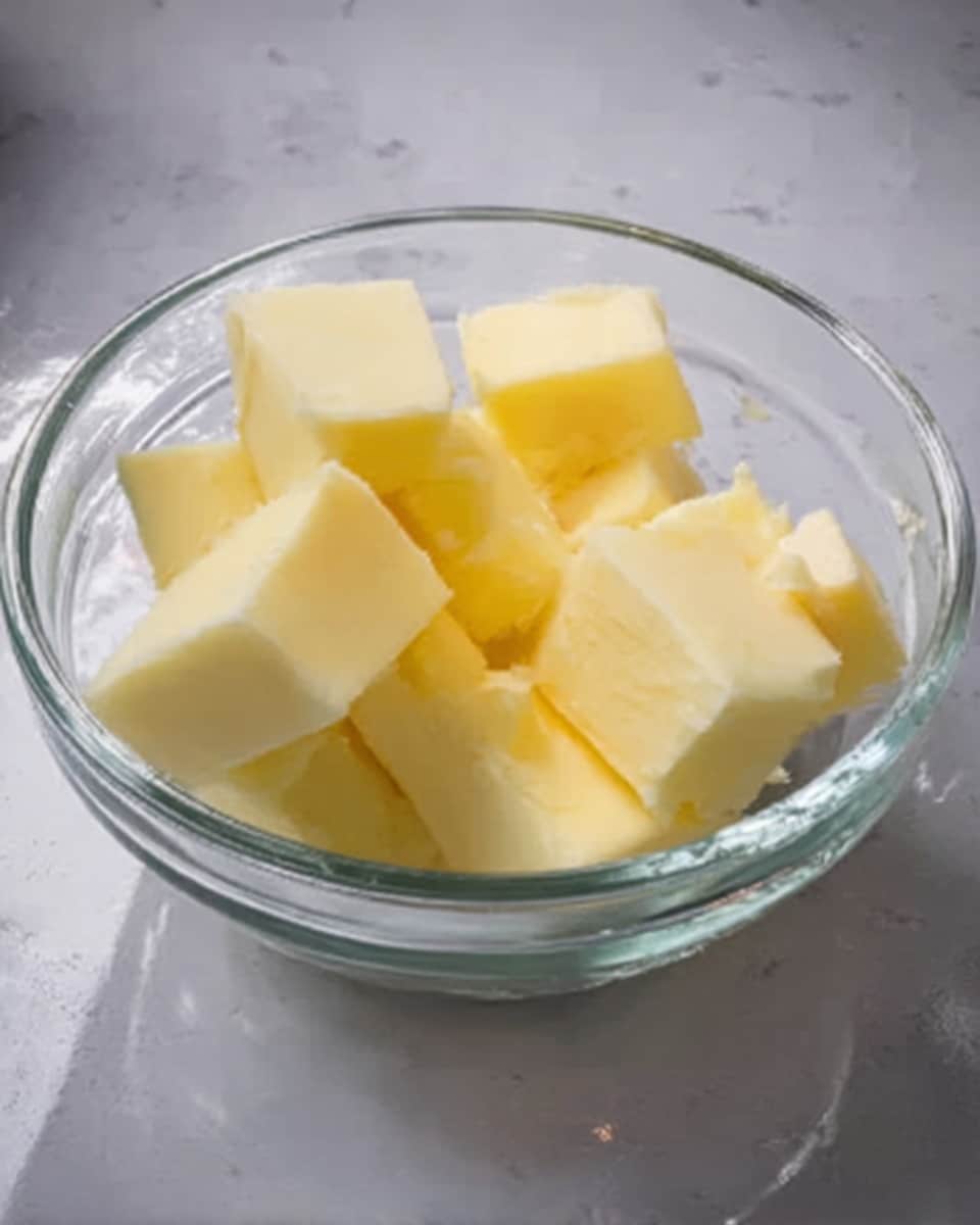 A clear glass bowl sits on a white marbled surface, filled with several cubes of pale yellow butter. The cubes have smooth edges and show soft, creamy textures. The bowl's transparency highlights the butter pieces inside, stacked loosely but clearly visible from the top and sides. photo taken with an iphone --ar 4:5 --v 7