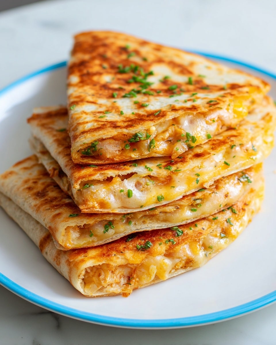 Two golden brown quesadillas are placed side by side on a white plate, with a slightly crispy and textured surface that shows light browning and small green herb pieces sprinkled on top. The quesadillas have a soft, folded shape with edges that show a slight puffiness from the filling inside. The white marbled surface underneath adds a clean and bright background, while a metal cooling rack with a toasted sandwich is visible in the blurred background near a black pepper grinder. photo taken with an iphone --ar 4:5 --v 7
