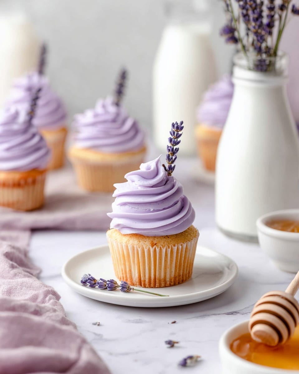 A single cupcake sits in the middle on a small white plate with a tiny lavender sprig on the plate's edge. The cupcake has a light golden brown base and is topped with three swirled layers of smooth, pale purple frosting that looks creamy and soft. Two small lavender flower stems are placed into the top of the frosting. In the background, there are several more cupcakes with the same frosting and lavender stems, a clear glass bottle of milk, a white pitcher with lavender stems inside, and a small white bowl of honey with a wooden dipper resting inside. The whole scene is set on a white marbled surface. photo taken with an iphone --ar 4:5 --v 7