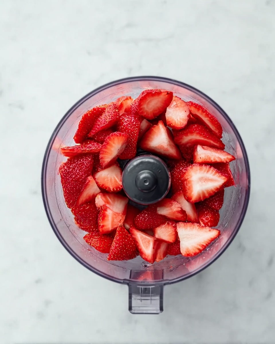 A clear food processor bowl is seen from above, filled with large pieces of bright red strawberries that show the white inside of the fruit. The strawberries are arranged around the center black blade part. The bowl sits on a white marbled surface. photo taken with an iphone --ar 4:5 --v 7
