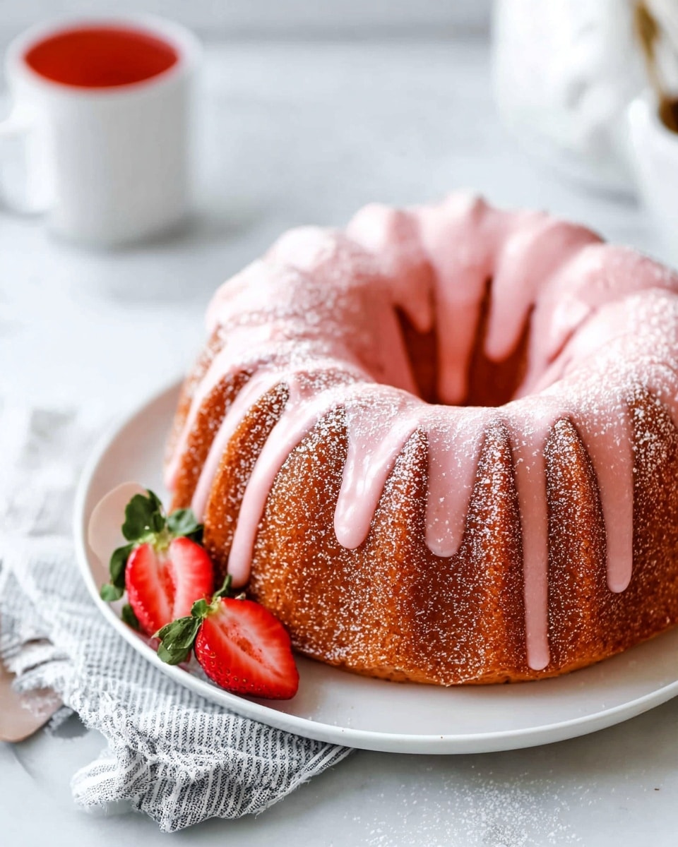 A round bundt cake with tall, ridged layers in a golden brown color is shown. The cake is topped with a thick coating of smooth, pink glaze draped over the ridges, and dusted lightly with white powdered sugar. On the left side of the white plate holding the cake, there is a fresh sliced strawberry with green leaves visible. The plate is on a light gray and white striped cloth, all set on a white marbled surface. In the background, blurred, there is a white cup with a red liquid inside. photo taken with an iphone --ar 4:5 --v 7