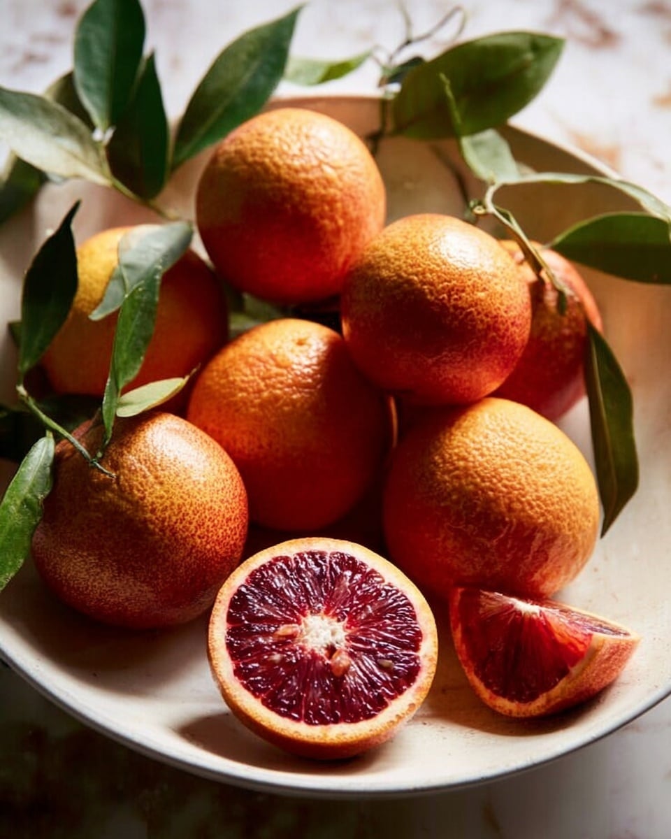 A white ceramic bowl holds seven whole reddish-orange blood oranges with textured skins, arranged in a cozy cluster. Among them, one blood orange is sliced in half to reveal a deep red, juicy inner flesh with a white center, sitting on the edge of the bowl, while a quarter piece leans casually in front. The bowl sits on a white marbled surface, and soft green leaves attached to thin stems are placed naturally among the oranges, adding a fresh contrast. The light is soft and warm, giving the scene a natural and inviting look. photo taken with an iphone --ar 4:5 --v 7