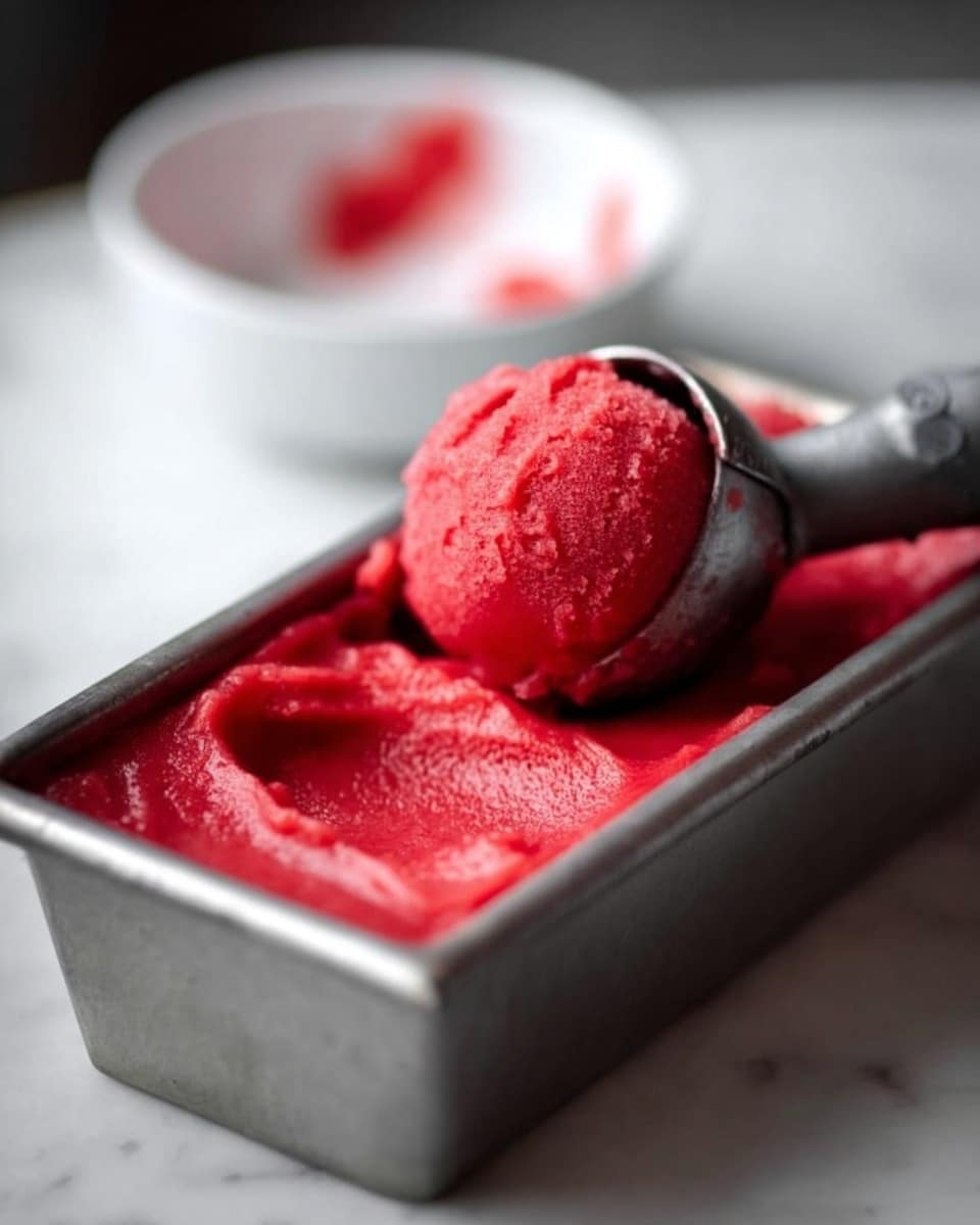 A silver rectangular container filled with bright red sorbet, its smooth texture slightly disturbed by a metal ice cream scoop holding a rounded scoop of the sorbet above the container; in the background, a white bowl with a few red spots sits on a white marbled surface, softly blurred to keep focus on the sorbet and scoop. photo taken with an iphone --ar 4:5 --v 7
