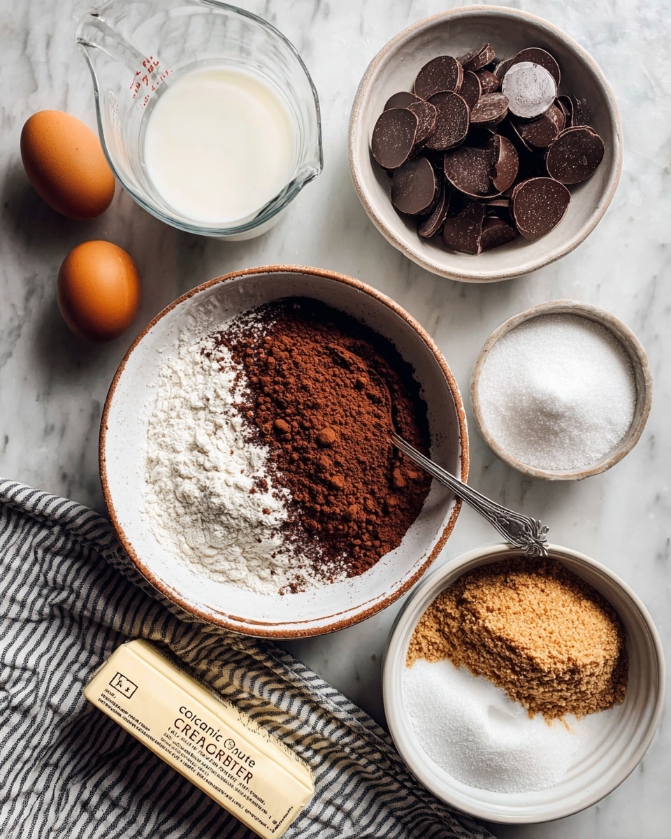 The image shows several baking ingredients arranged on a white marbled surface. In the center is a white bowl with a brown rim, holding layered dry ingredients: dark brown cocoa powder on the left, white flour on the right, and lighter brown powder at the bottom, with a spoon resting in the bowl. To the top right is a smaller white bowl filled with dark chocolate discs. Below that is another white bowl with two layers of sugar, brown sugar on the left and white sugar on the right. To the top left is a clear glass measuring cup filled with milk. Two brown eggs rest on a striped cloth napkin near the bottom left, accompanied by a wrapped stick of butter labeled