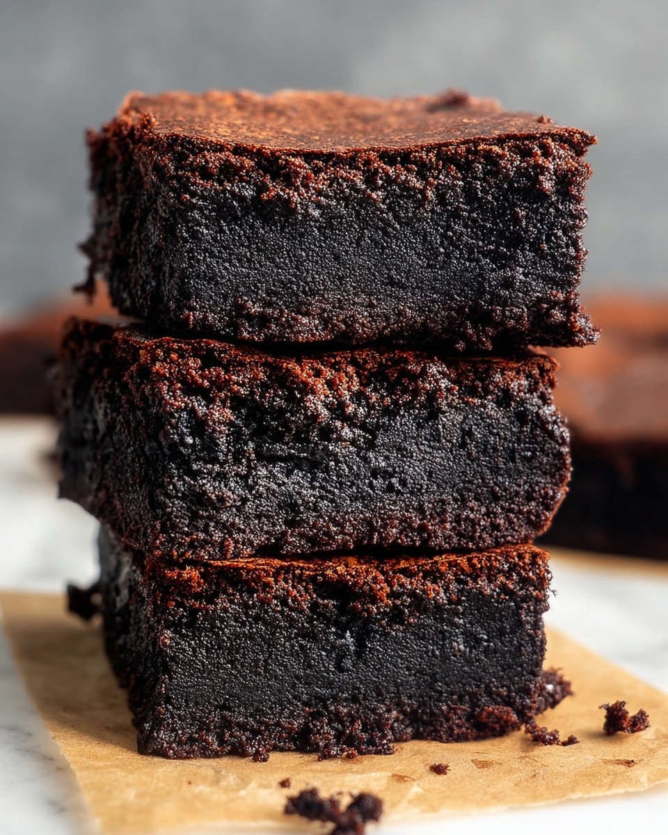 The image shows nine thick square pieces of chocolate brownies arranged neatly on a white marbled surface. Each brownie has two visible layers: a dense, dark brown base with a rich, fudgy texture, and a lighter, cracked chocolate crust on top with a shiny, slightly crinkled appearance. The brownies are arranged in three rows with three pieces each, and the focus is on the front two rows, showing the texture and thickness of the brownies clearly. Photo taken with an iphone --ar 4:5 --v 7