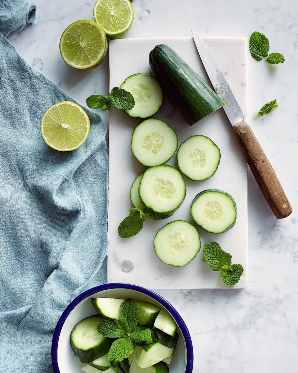 The image shows a white cutting board with several thick round slices and one half of a dark green cucumber placed in the center and right side, along with a few small fresh green mint leaves scattered around. In the top left corner are two halves of a lime showing their light green inside. A knife with a wooden handle rests diagonally on the board near the cucumber pieces. Below the cutting board is a white bowl with a blue rim, filled with larger cucumber chunks and a small bunch of mint leaves. There is a light blue cloth draped softly on the left side of the white marbled surface where everything is placed. Photo taken with an iphone --ar 4:5 --v 7