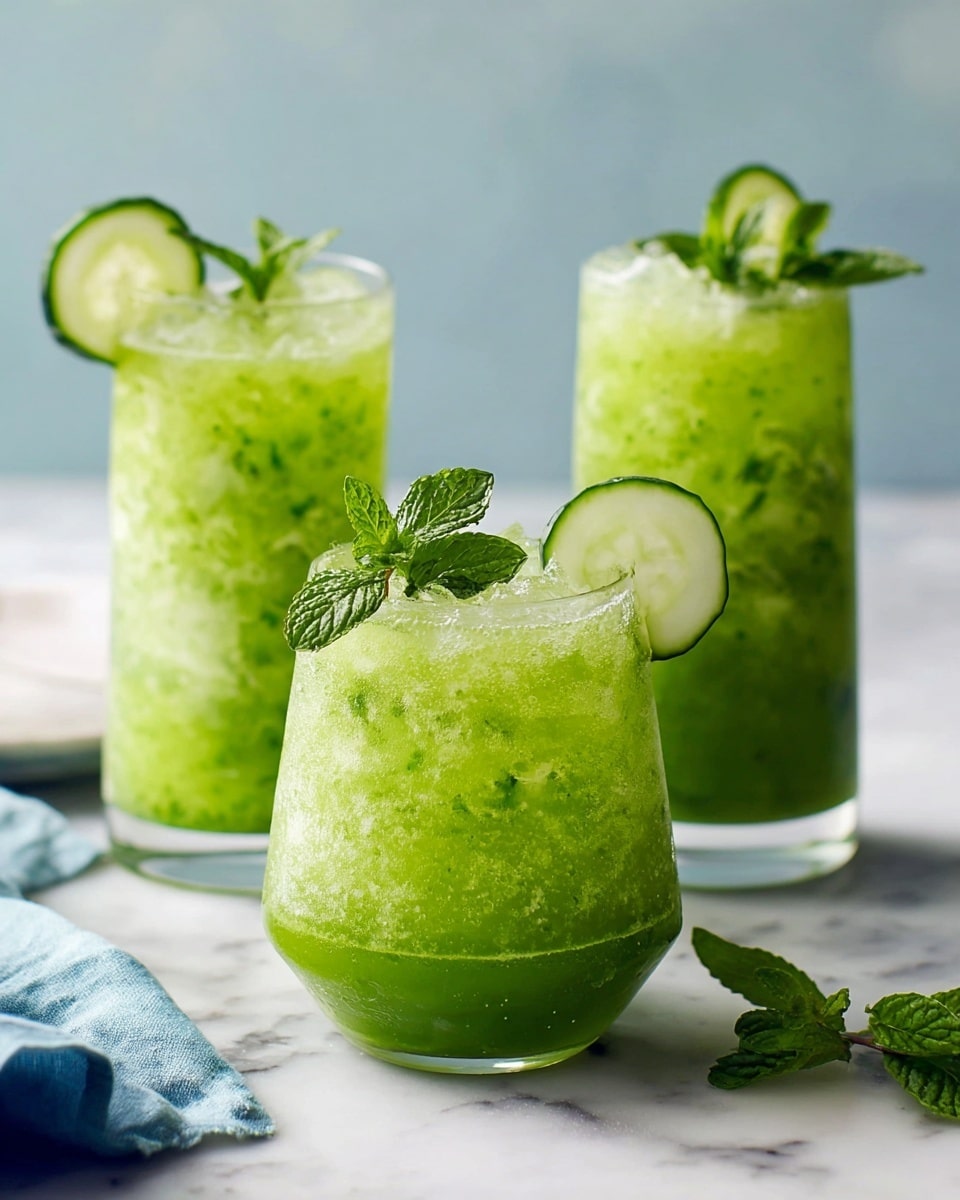 A clear glass bottle on the left is filled with bright green juice. In front of it, there are three clear glasses with the same green drink, each layered with crushed ice that makes the top part look foamy and light green, while the bottom is a deeper green liquid. Each glass is decorated with fresh green mint leaves and a slice of cucumber placed on the rim. The glasses rest on white coasters with dark patterns. A few sprigs of mint lie on the white marbled surface near the front glass. The overall scene is bright and fresh, with a clean and simple look. Photo taken with an iphone --ar 4:5 --v 7