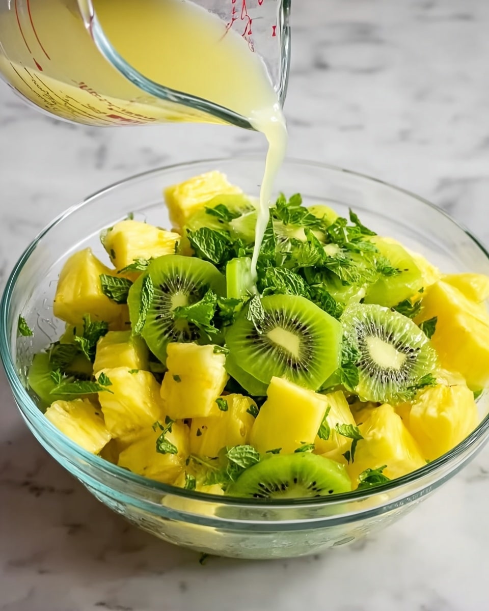The image shows a clear glass bowl filled with bright yellow pineapple chunks at the bottom and green kiwi slices on top, sprinkled with fresh chopped green mint leaves. A woman's hand is pouring a pale yellow liquid from a clear glass measuring cup over the fruit. The bowl is placed on a white marbled surface. photo taken with an iphone --ar 4:5 --v 7
