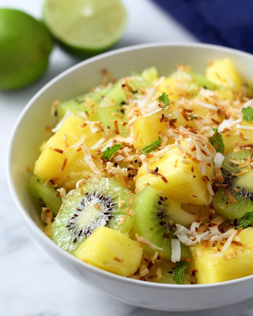 A close-up of a fruit salad served in a white bowl, filled with three layers of yellow pineapple chunks and green kiwi slices mixed together. The pineapple pieces are large and juicy with a smooth texture, while the kiwi slices show their translucent green flesh with small black seeds visible. On top, there is a light sprinkle of toasted coconut flakes, golden brown and slightly crispy, mixed with small bright green mint leaves for a fresh touch. The bowl sits on a white marbled surface, with a blurred half lime in the background. Photo taken with an iphone --ar 4:5 --v 7