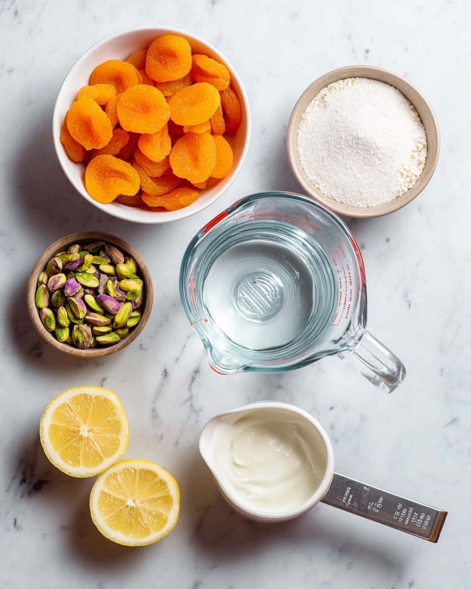 The image shows six different ingredients arranged on a white marbled surface. In the top left, there is a white bowl filled with bright orange dried apricots. Below that, to the left, is a small white bowl holding green and purple pistachio nuts. In the center, a clear glass measuring cup filled with water is placed. To the right of the cup is a white measuring cup filled with a white creamy substance. Above that, a white bowl contains granulated sugar with a silver measuring cup resting inside. At the bottom left, two lemon halves sit side by side with their bright yellow flesh facing up. Photo taken with an iphone --ar 4:5 --v 7