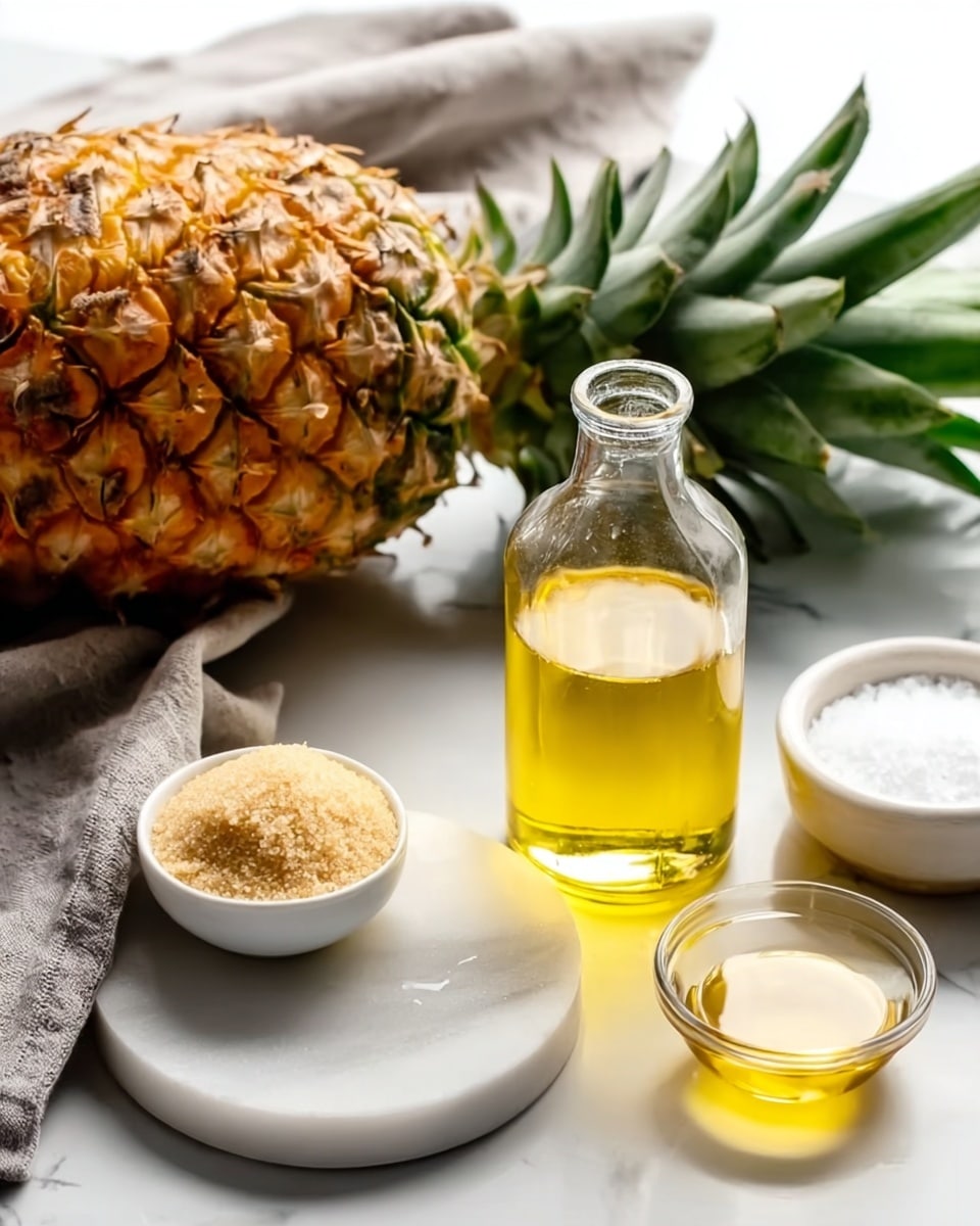 The image shows a small glass bottle filled with golden yellow liquid, placed on a white marble surface. Next to it is a small white bowl filled with light brown granulated sugar, a round white marble dish holding white salt, and a tiny white bowl containing a clear golden syrup. In the background, there is a large ripe pineapple with green spiky leaves and brown textured skin, and a folded gray cloth is laid beside the pineapple. The lighting is bright and natural, highlighting the colors and textures of each item clearly. Photo taken with an iphone --ar 4:5 --v 7