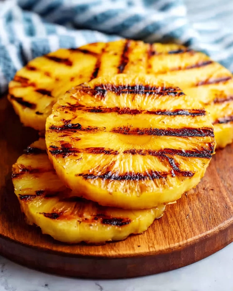 The image shows four round slices of grilled pineapple placed on a wooden board. Each slice is golden yellow with dark brown grill lines that create a striped pattern across the surface. The texture looks juicy and slightly charred, with visible caramelized edges. The slices are stacked slightly overlapping each other, with the top slice fully visible and the others partially hidden beneath it. The background shows soft blue and white striped fabric on the white marbled surface. photo taken with an iphone --ar 4:5 --v 7