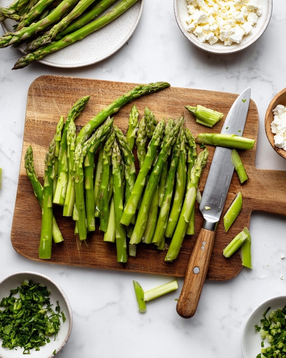 The image shows a wooden cutting board on a white marbled surface. On the board, there are many pieces of green asparagus, some whole and some cut into smaller sections. A silver knife with a wooden handle is placed diagonally on the right side of the board with a few asparagus pieces around it. On the top left, a white plate holds more whole asparagus, while the top right shows two white bowls, one with crumbled white cheese and the other with chopped green herbs. Photo taken with an iphone --ar 4:5 --v 7