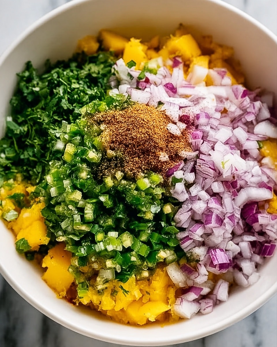 A close-up view of a white bowl filled with finely chopped ingredients layered in a colorful and textured manner, starting with bright yellow mango pieces at the bottom right and left edges. On top of the mango layer, there is a generous portion of finely diced red onions, creating a white and purple speckled area mostly on the bottom right and center. Near the top center, there is a mound of finely chopped green jalapeño or pepper pieces, bright and fresh-looking. To the left, fresh dark green cilantro or herb pieces form a dense patch. In the middle of the layers, a small heap of brownish spice powder is sprinkled over the red onions and green peppers. The bowl rests on a white marbled surface. photo taken with an iphone --ar 4:5 --v 7