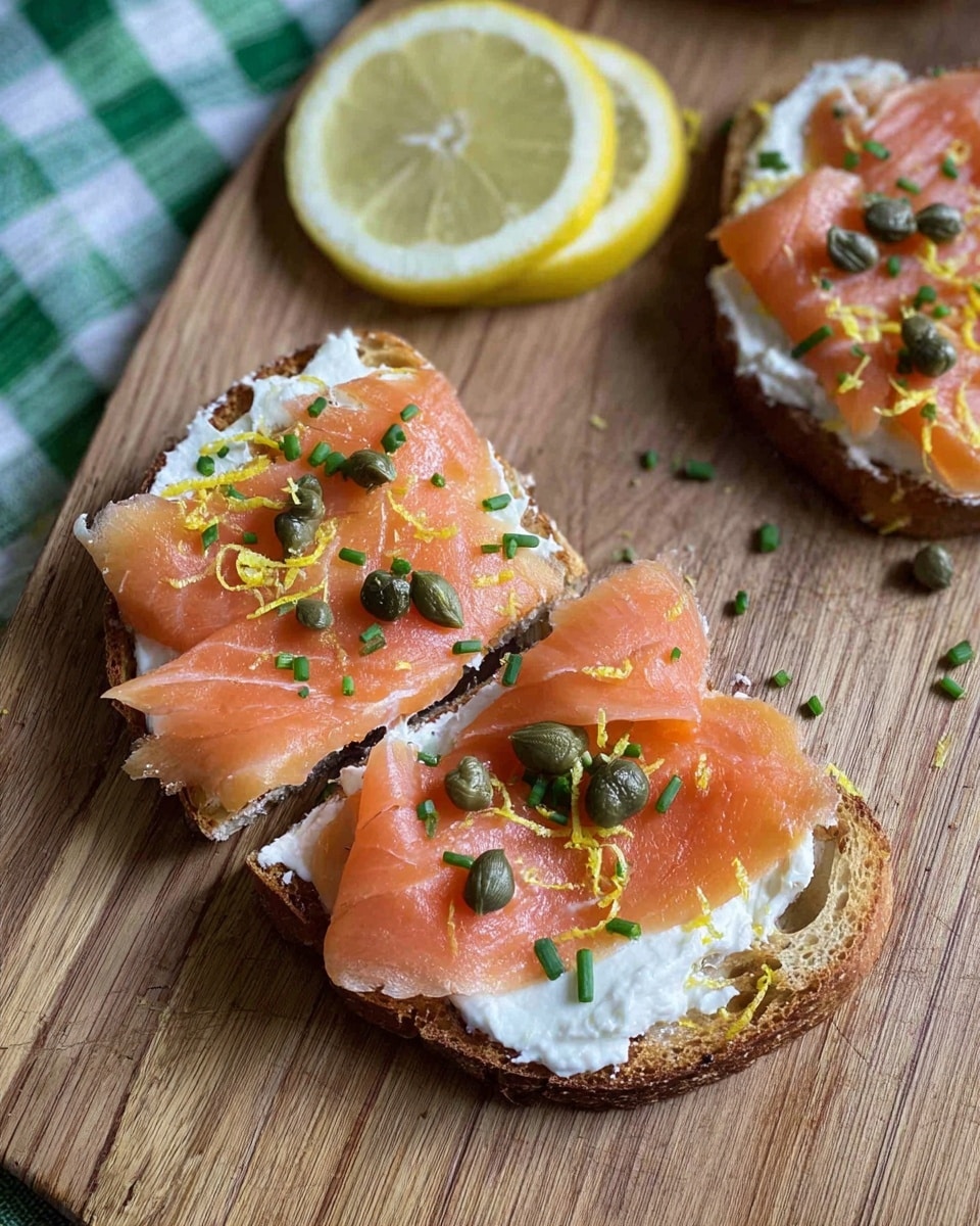 A piece of toasted bread with three layers is topped with a spread of white creamy cheese, several thin, bright orange slices of smoked salmon arranged loosely, small green capers scattered on top, and finely chopped green chives sprinkled evenly. There are faint yellow lemon zest shavings over the salmon. The toast sits on a wooden board with three slices of lemon nearby and a green and white checkered cloth in the corner. The photo taken with an iphone --ar 4:5 --v 7