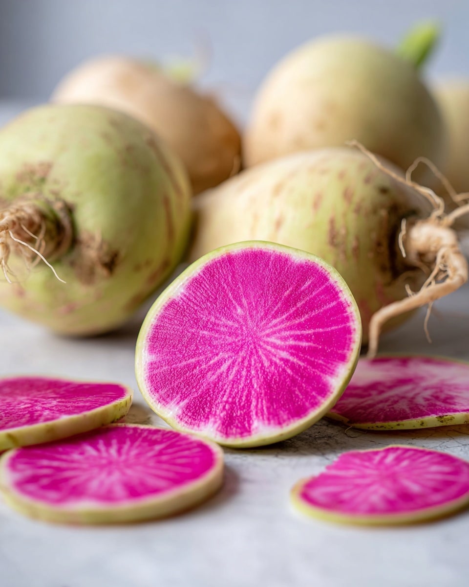 The image shows whole and sliced watermelon radishes placed on a white marbled surface. There are several whole radishes with a pale greenish outer skin and rough texture, with some roots visible. In front, one radish is sliced in half showing a bright magenta pink center with radiating lines, almost like the inside of a watermelon. Around it are several thin round slices of the radish, showing the same deep pink color bordered by a pale green edge. The background is softly blurred, focusing attention on the radishes in the front. photo taken with an iphone --ar 4:5 --v 7